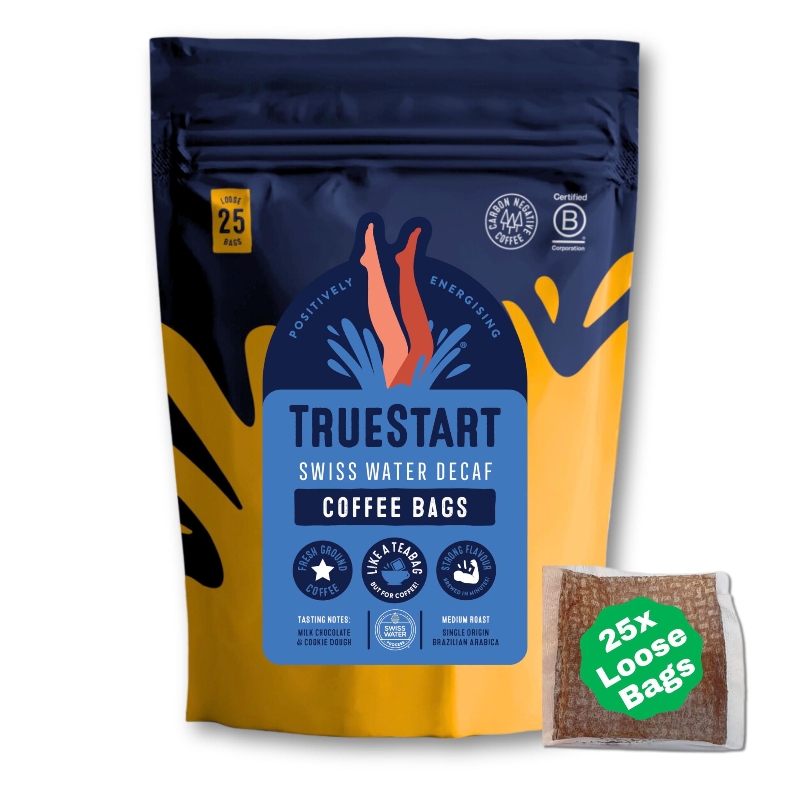 TrueStart Coffee Bags, Swiss Water Decaf – 25 Loose Bags, Mycotoxin-Free, Antioxidant-Rich, Gluten-Free, Individually Wrapped