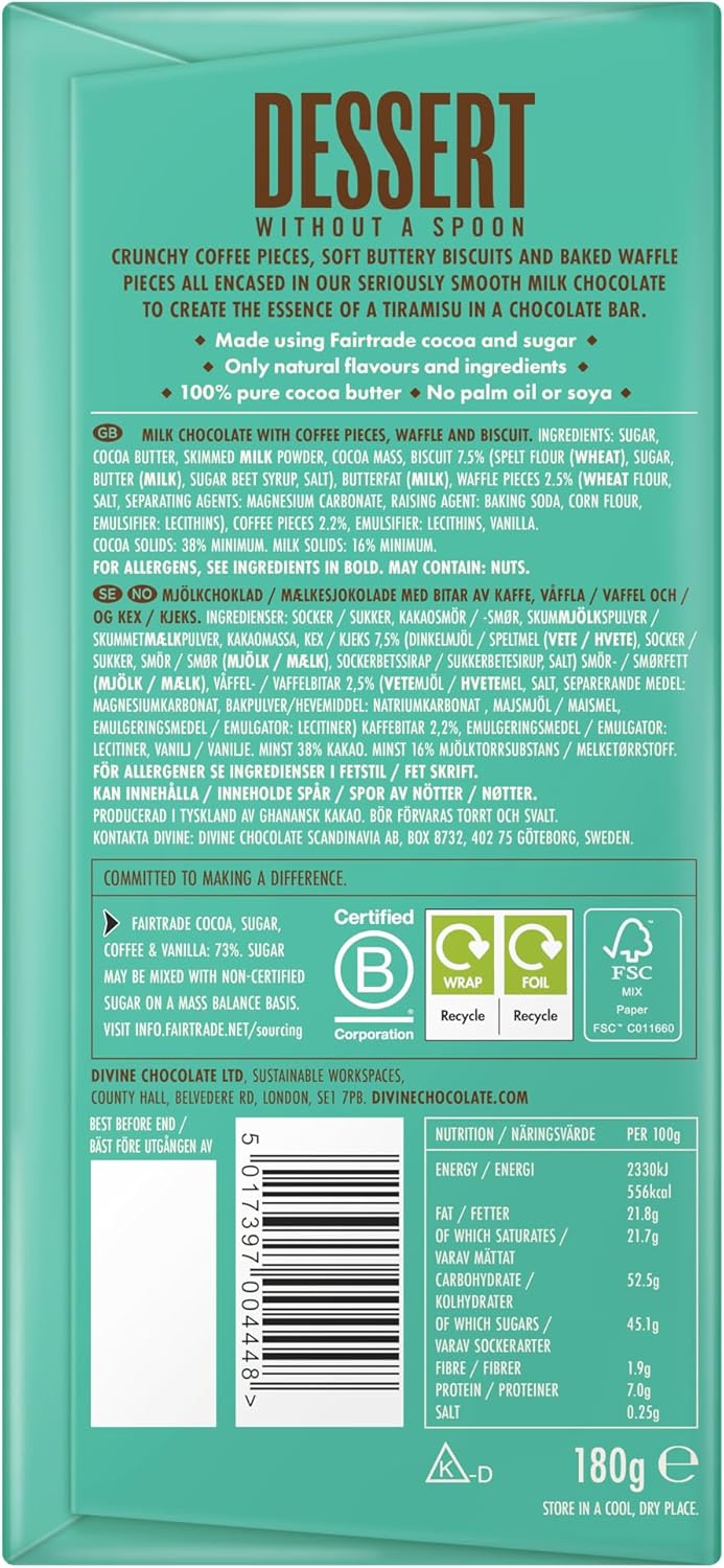 Divine - Dessert Bar 38% Milk Chocolate Tiramisu with Coffee & Biscuit (180g) 3