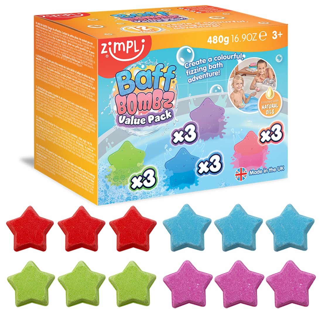 ZIMPLI 12 x Star Baff Bombz - Moisturising, Vegan Friendly Bath Bombs for Kids | UK Made