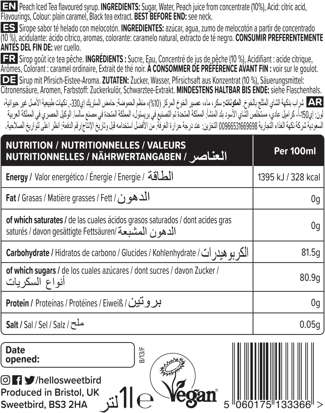 Sweetbird Peach Iced Tea Syrup (1 Litre) - Vegan Friendly 8