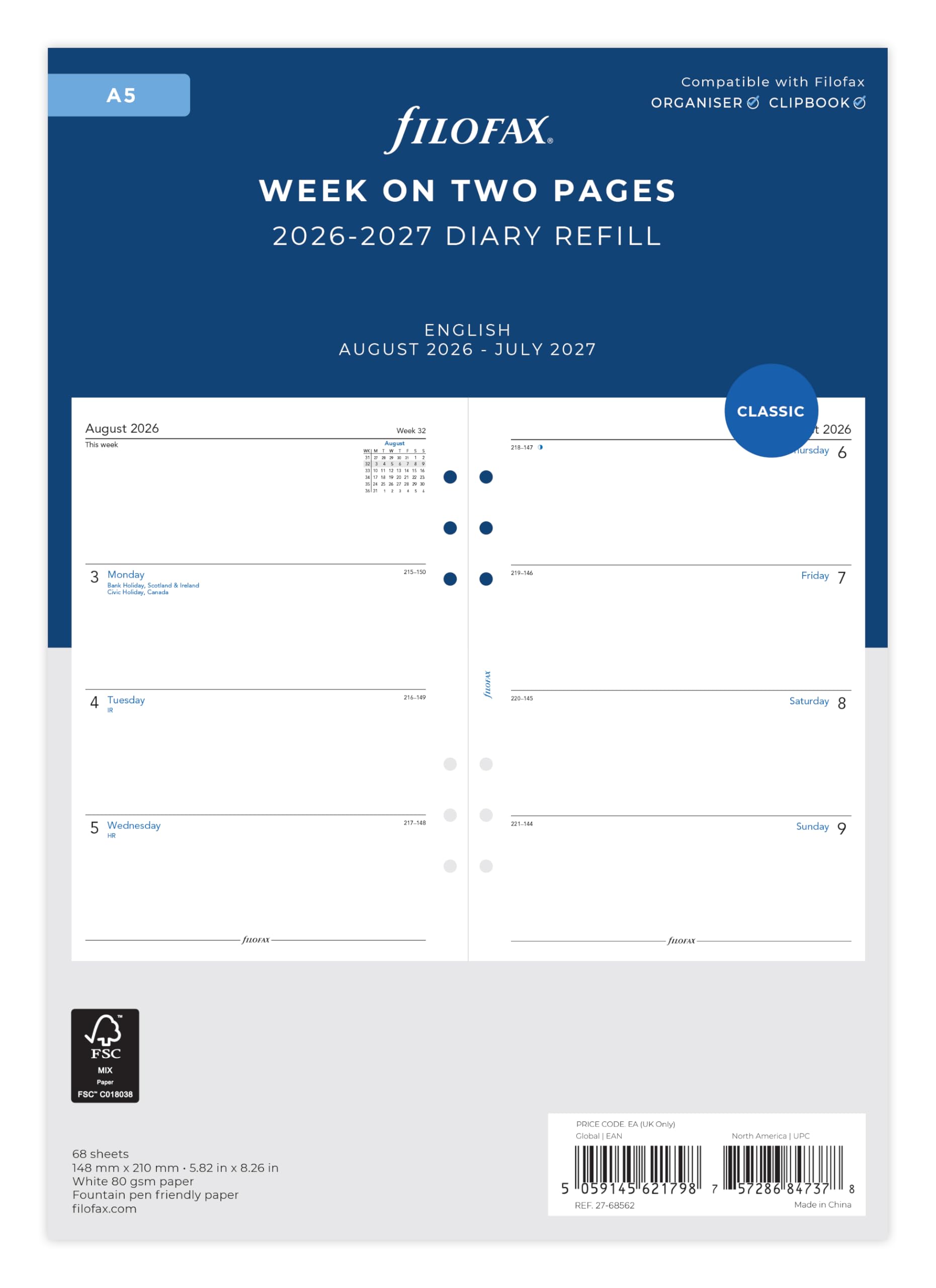 Filofax A5 Personal Organiser Refill - Academic 2026-2027 Diary | Week on Two Pages | August 2026 - July 2027 1
