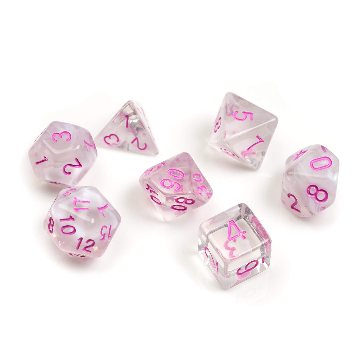 Sirius Dice White Cloud & Pink Ink Polyhedral Dice Set - 7 Pieces, Acrylic