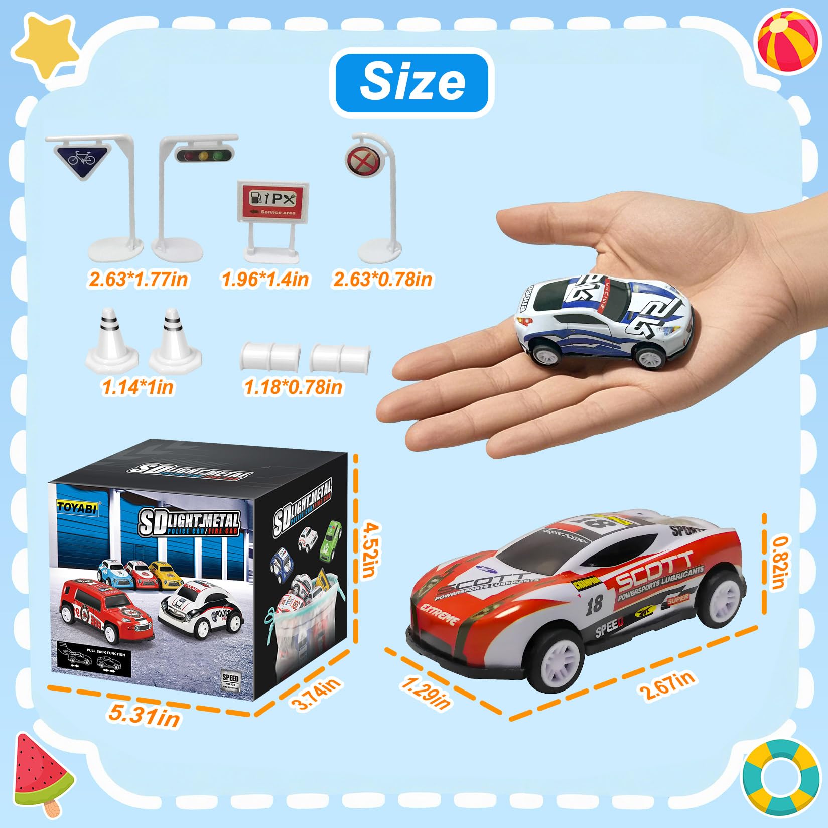 TOYABI Metal Pull Back Race Car Set - 22Pcs Mini Cars with 8 Roadblocks for Kids 3+ 4