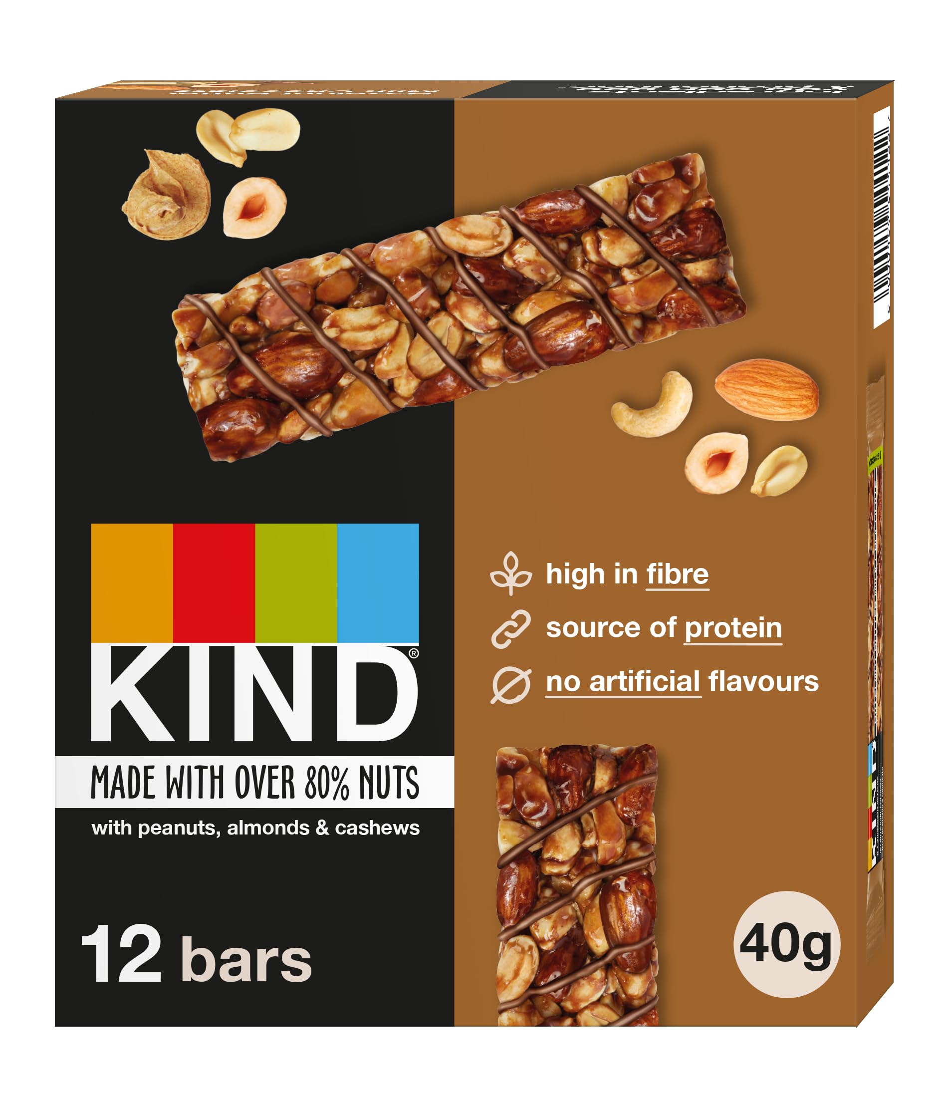 KIND Hazelnut Butter Milk Chocolate Snack Bars, Gluten Free, High Fibre, No Artificial Ingredients, 12 x 40g