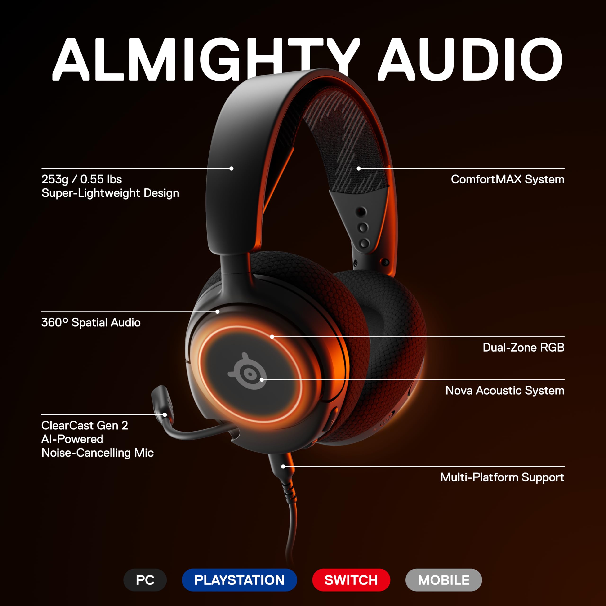 SteelSeries Arctis Nova 3 - USB-C Gaming Headset for PC, PS4, PS5 & Switch - RGB Lights - Hi-Fi Drivers - 360° Spatial Audio - AirWeave Memory Foam Earcups - Super Lightweight - ClearCast Gen 2 Mic 7