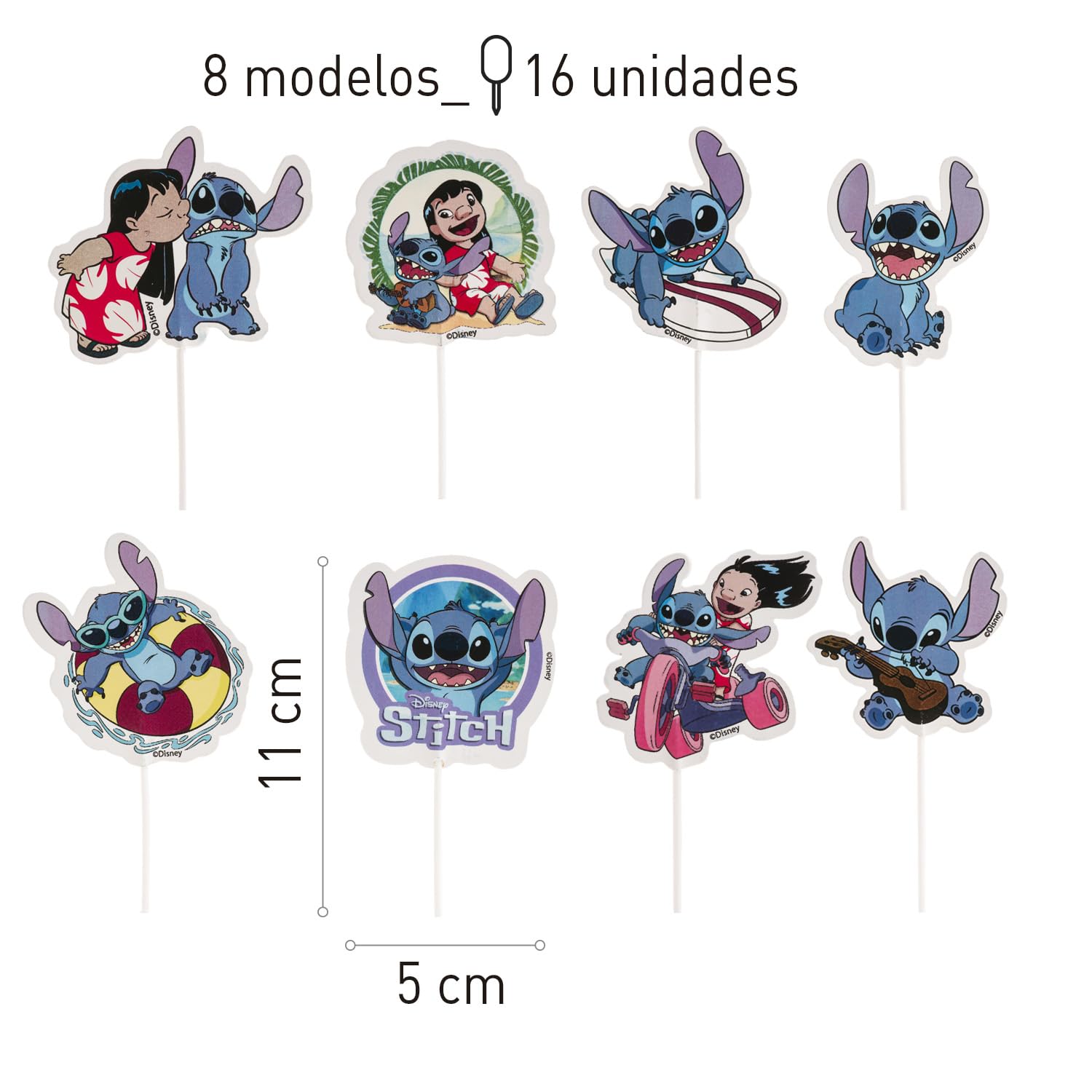 dekora Lilo & Stitch Paper Cake Toppers - 16 Count, 8 Designs | 11 x 5 cm