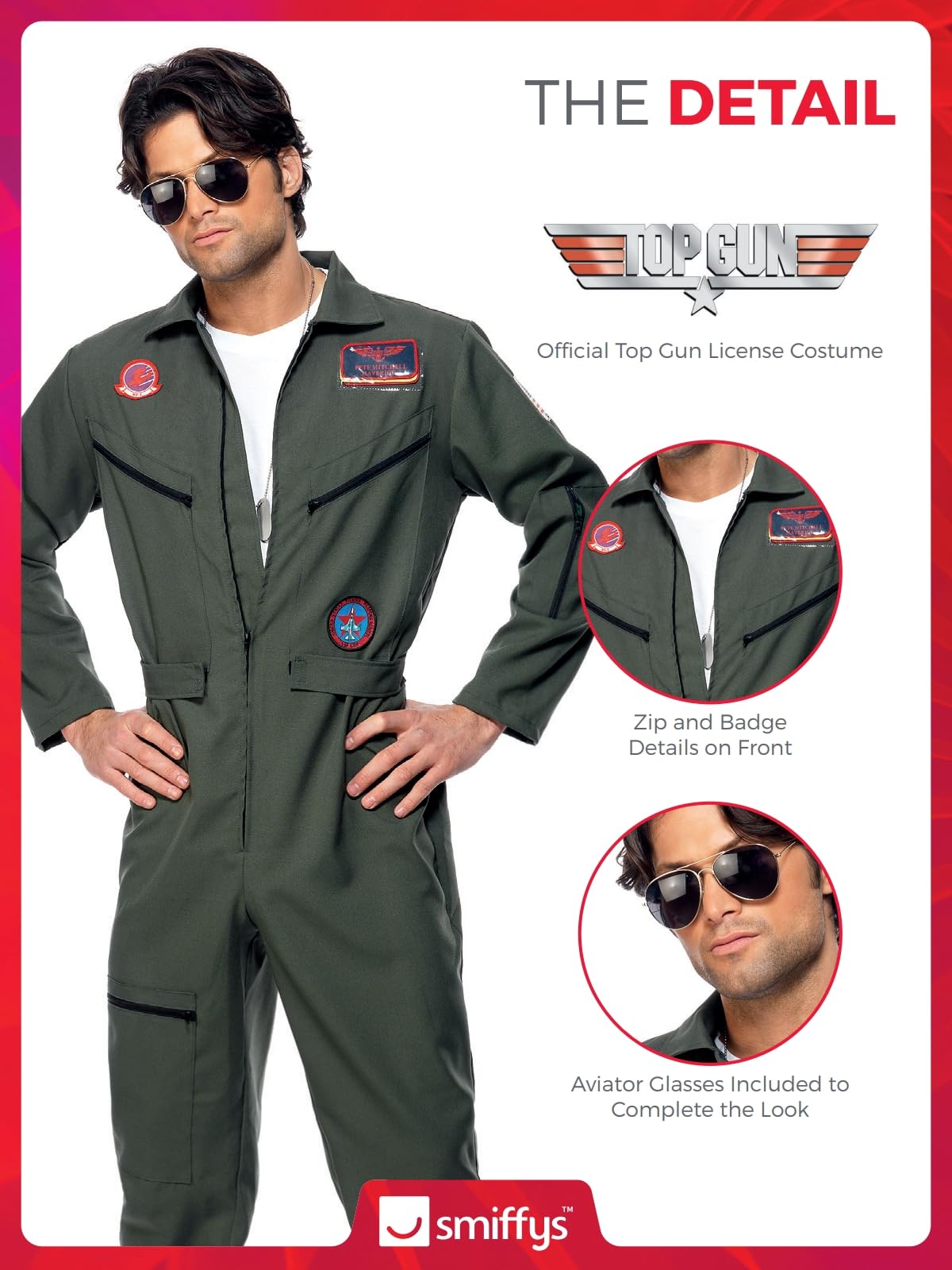 Smiffys Top Gun Costume - Official Licensed Adult Green Jumpsuit with Glasses & Badges | Size L (42'-44') 3