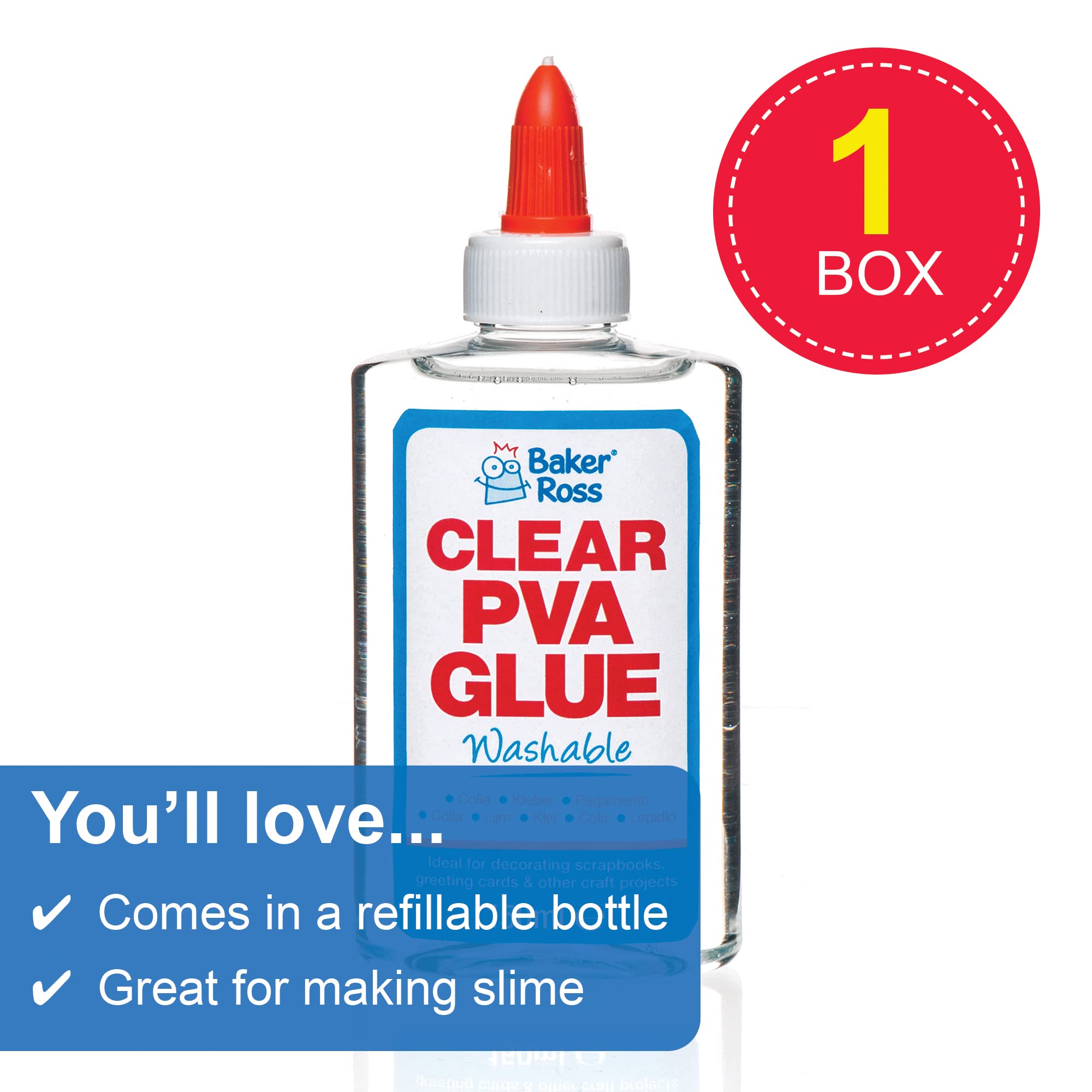 Baker Ross AR533 Clear PVA Glue - 150 ml Washable Craft Glue for Kids Ages 3+ 4
