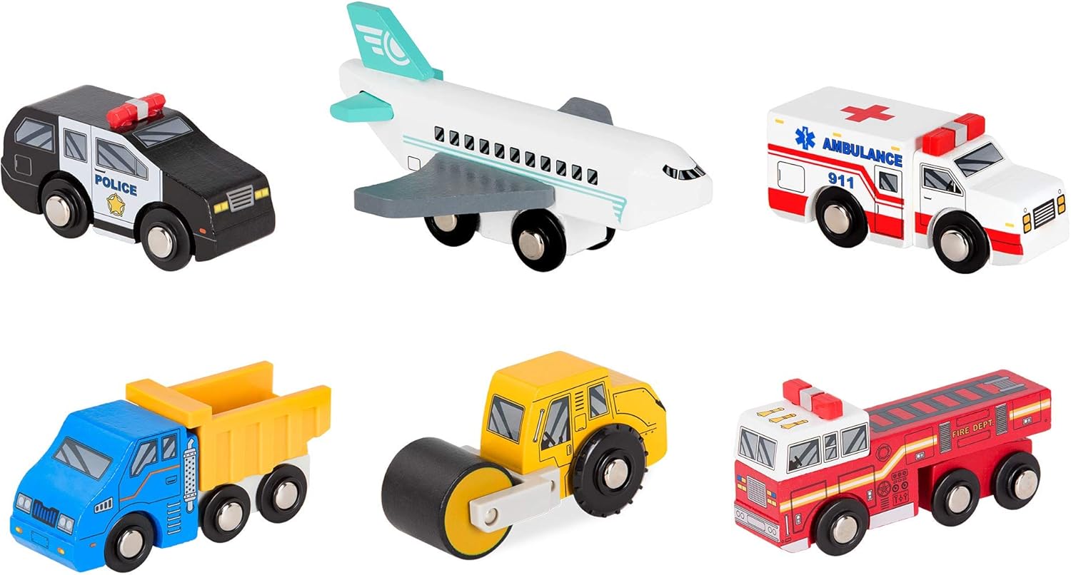 Battat Wooden Vehicles Set - 6pc Rescue & Construction Toy Cars for Kids