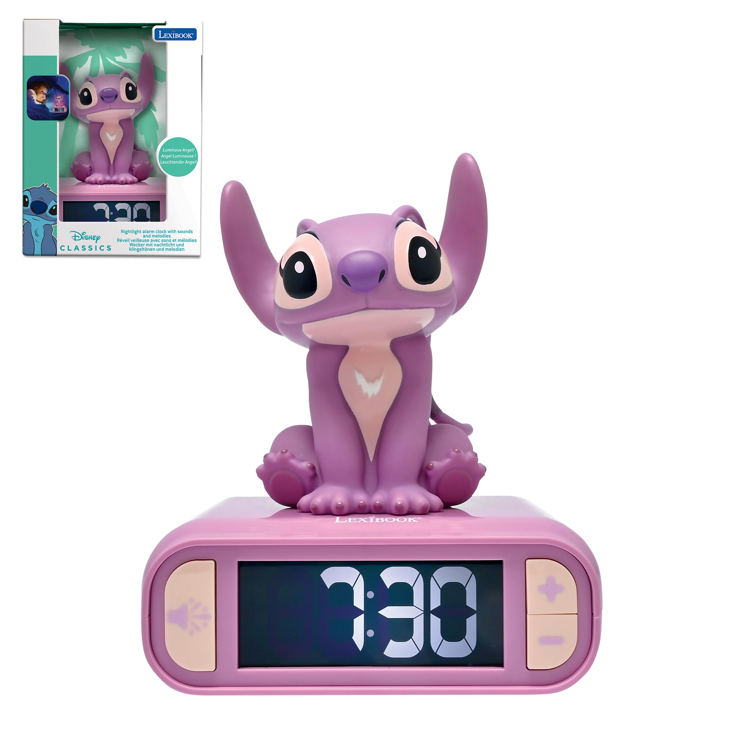 LEXIBOOK Disney Stitch Angel Night Light Alarm Clock - Light-Up Musical Bedtime Companion