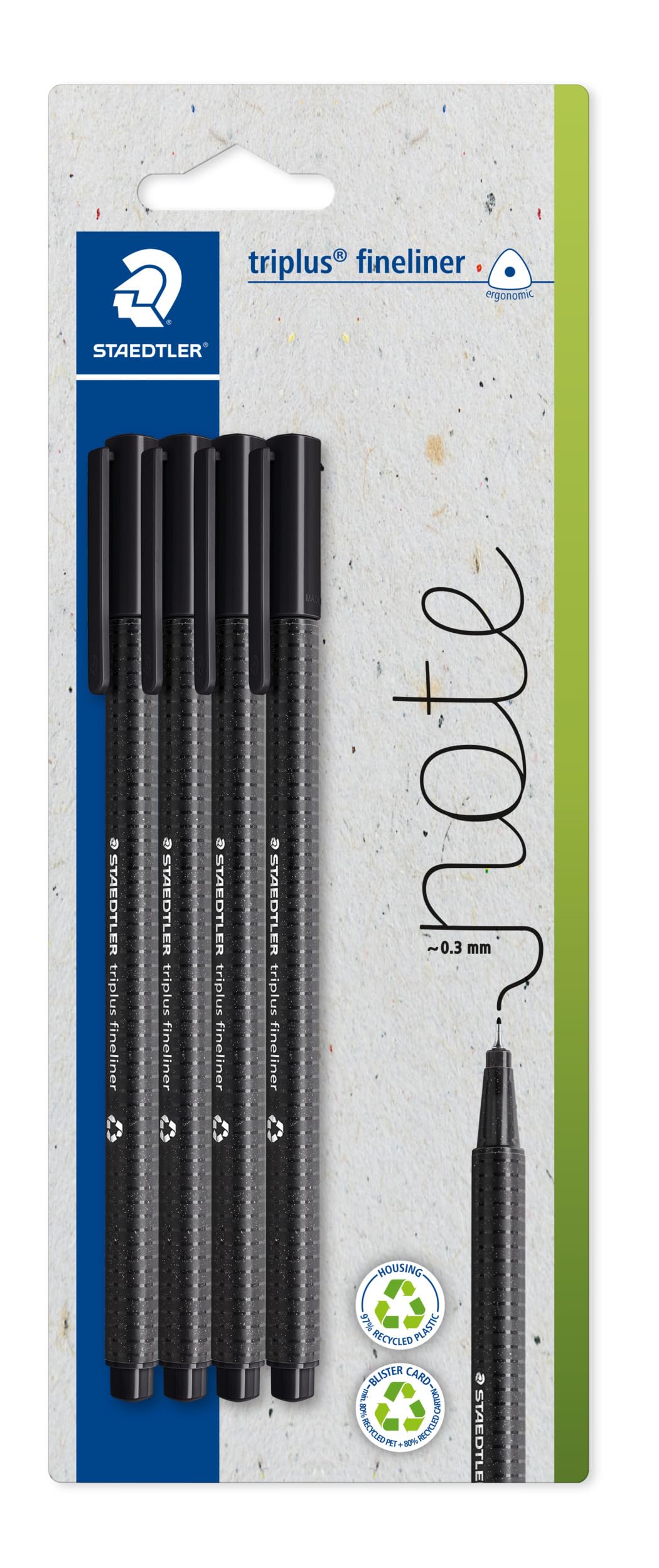 STAEDTLER triplus Fineliner Pens - Black Ink, 0.3mm Fine Tip | Pack of 4 | Recycled Plastic Housing