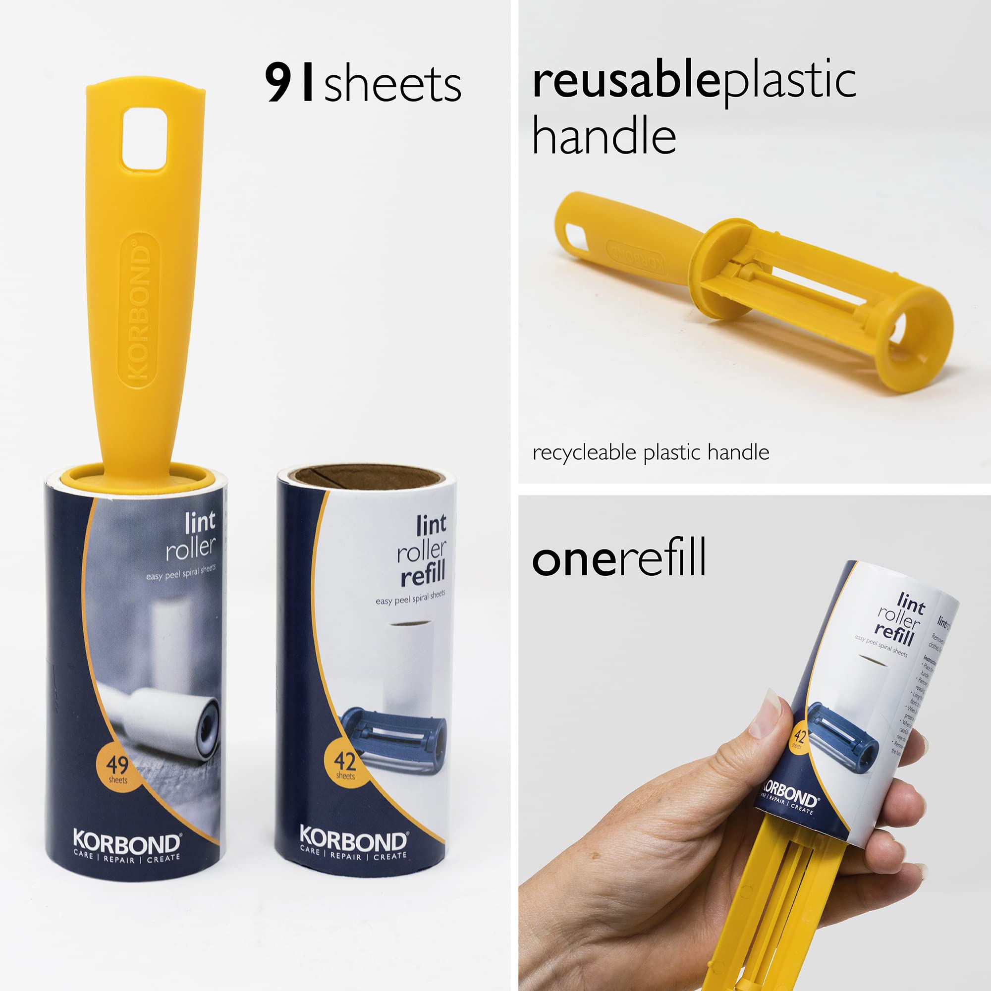 KORBOND Lint Roller & Refill Set – 91 Sheets | Pet Hair Remover | Chemical Free Cleaning