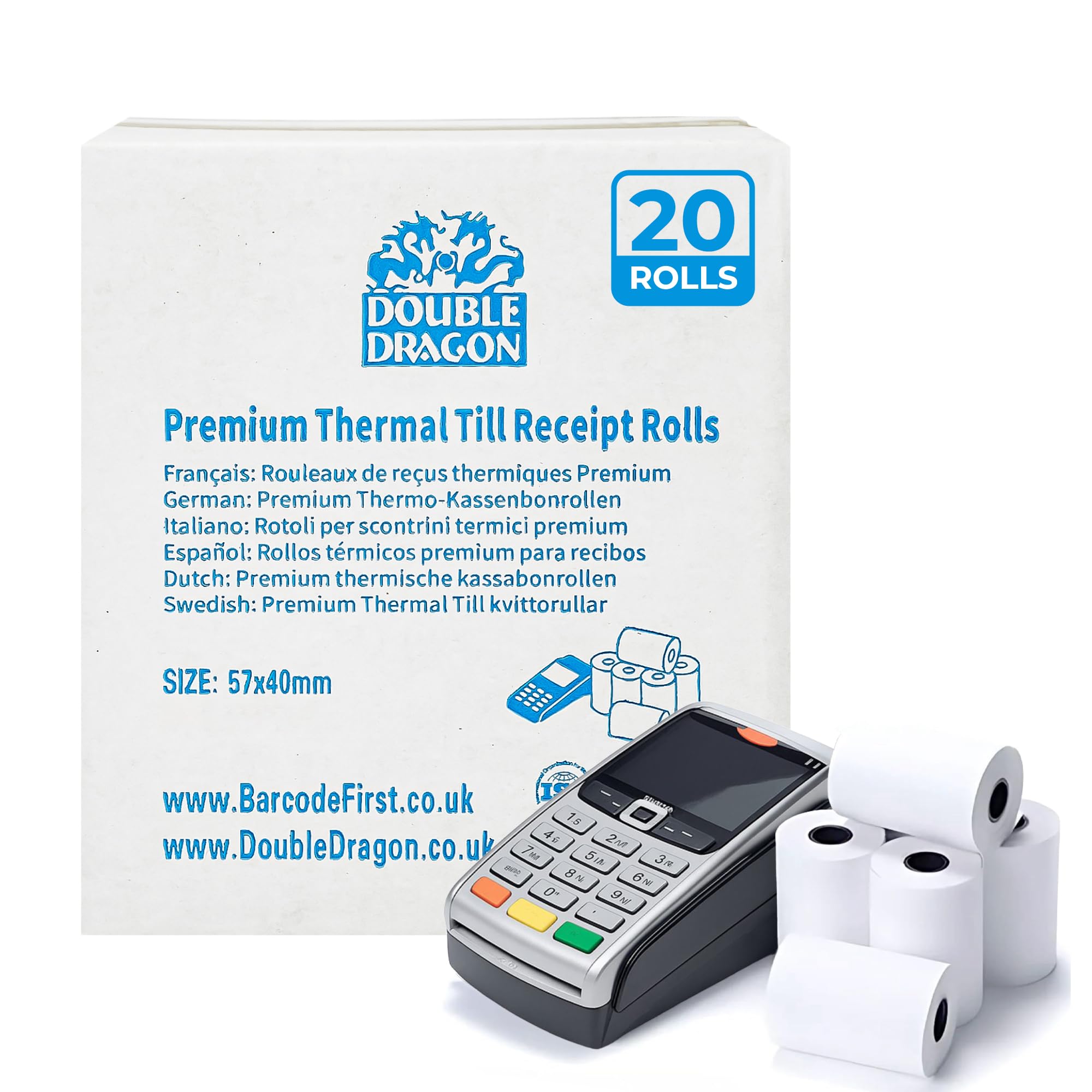 Double Dragon Thermal Receipt Paper Rolls - 20 Pack, 57 x 40mm for Credit Card PDQ Machines