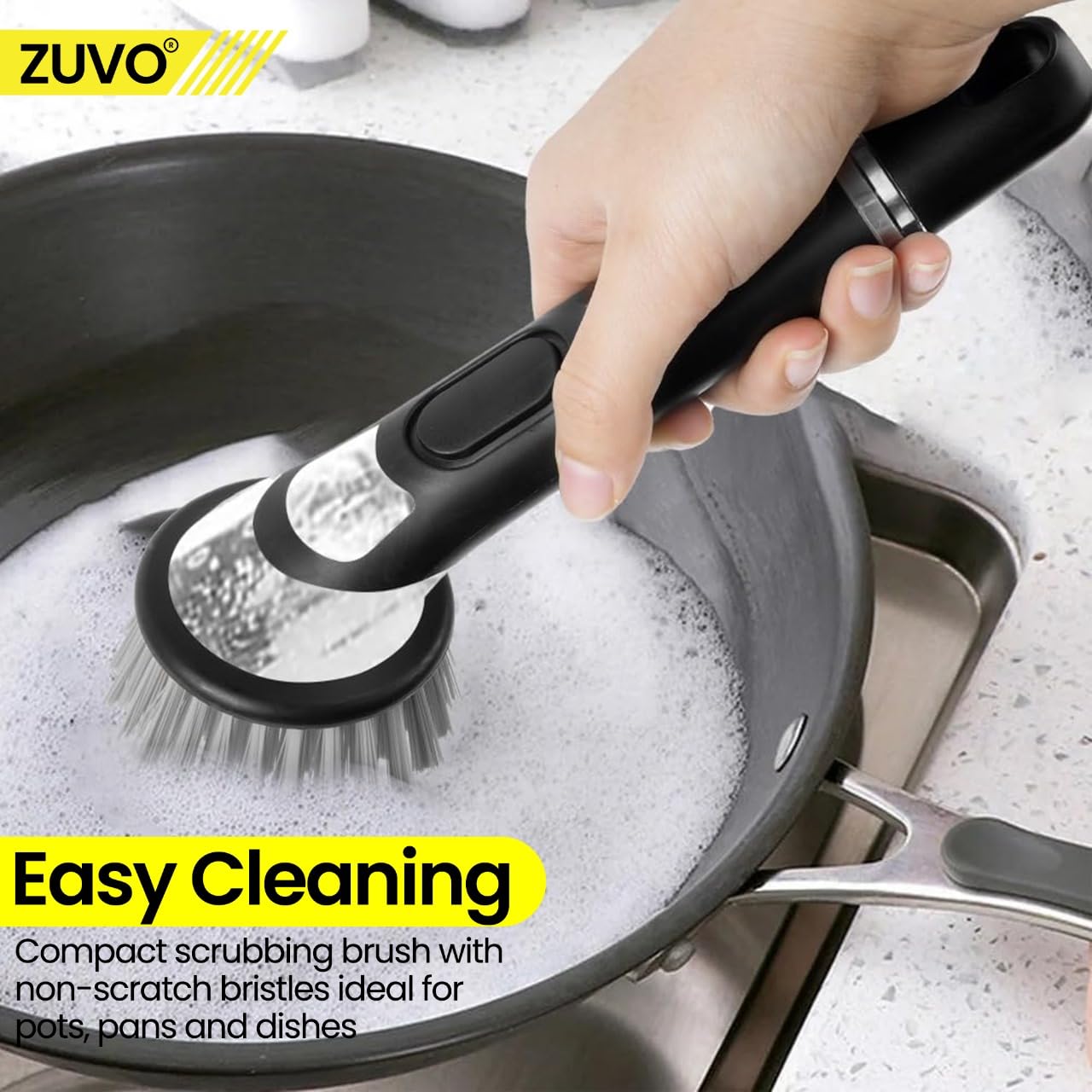 Zuvo - Soap Dispensing Scrubbing Brush with Handle for Kitchen Cleaning 7