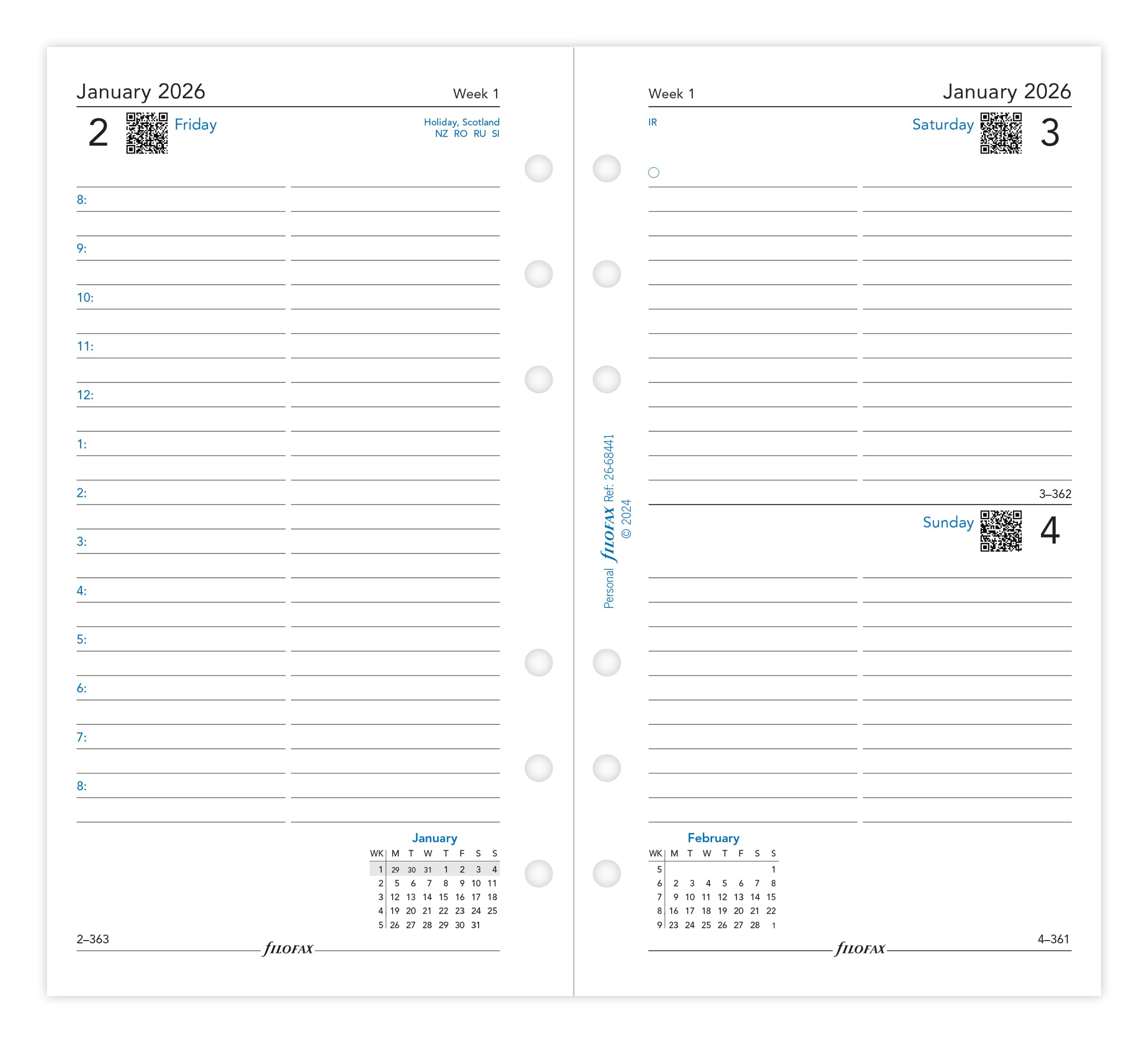 Filofax Personal 2026 Diary Refill - Day Per Page | 95mm x 171mm | English