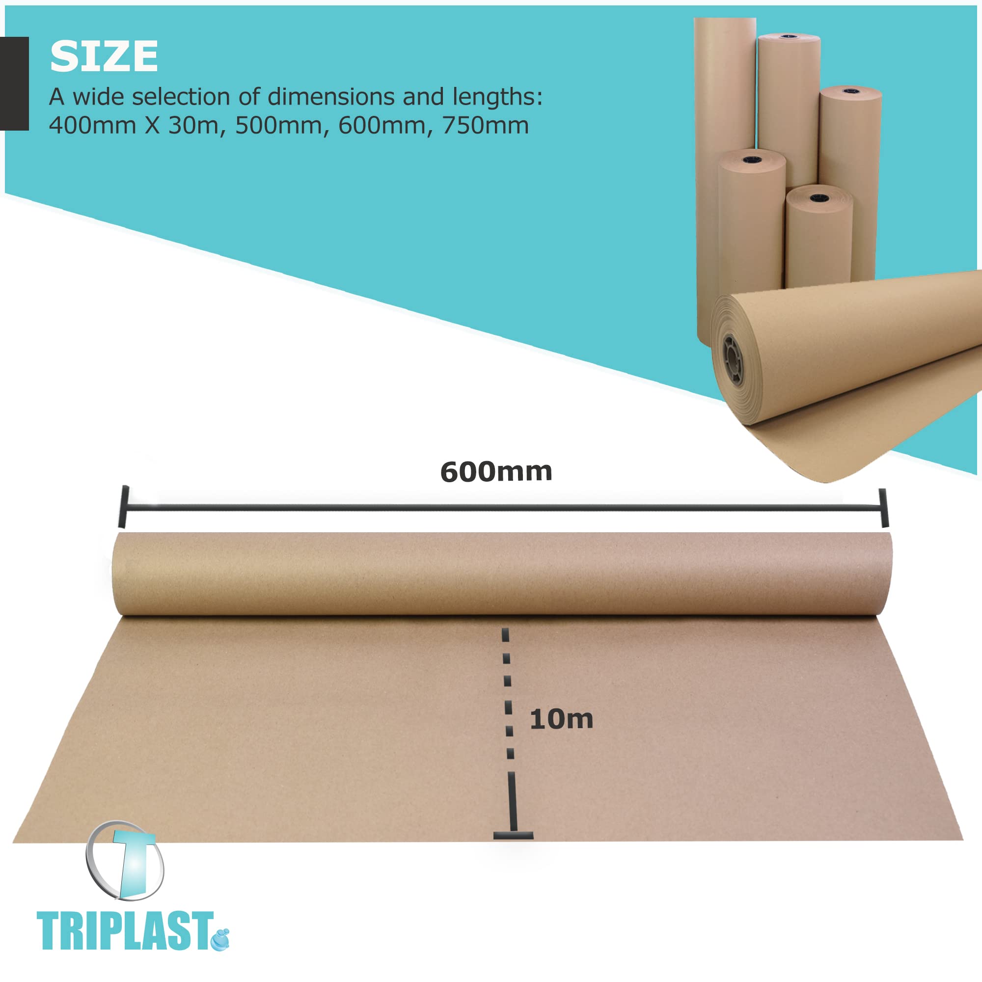 Triplast Brown ECO Kraft Paper Roll - 90 gsm Uncoated Rustic Finish | 600mm x 10m 6