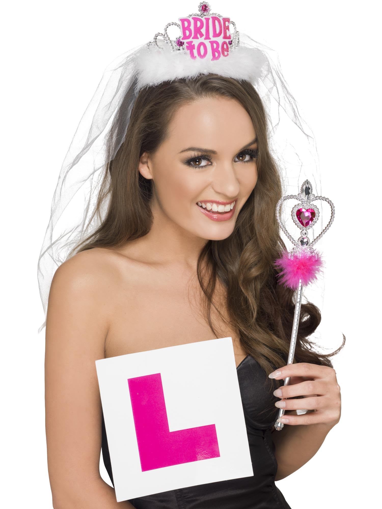 Smiffys Hen Party Kit, Pink & White with Bride to Be Tiara & Veil, L Plate Badge & Wan, Hen & Stag Night Fancy Dress, Hen Party Dress Up Hen & stag / adult items 3