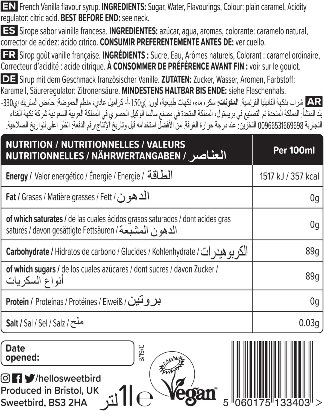 Sweetbird French Vanilla Syrup (1 Litre) - Vegan Friendly Beverage Syrup 8