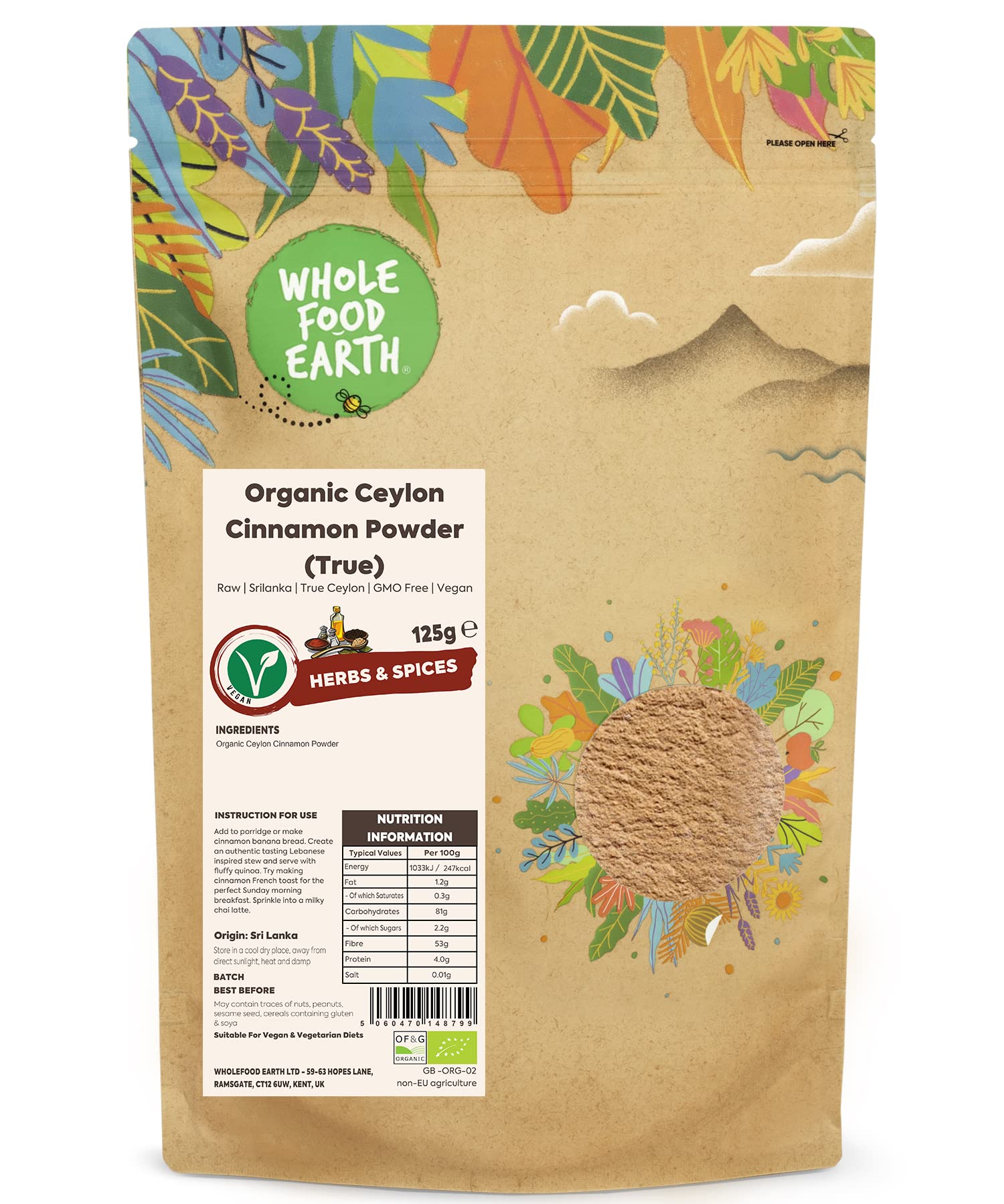 Wholefood Earth Organic Ceylon Cinnamon Powder (True) 125g Raw from Sri Lanka