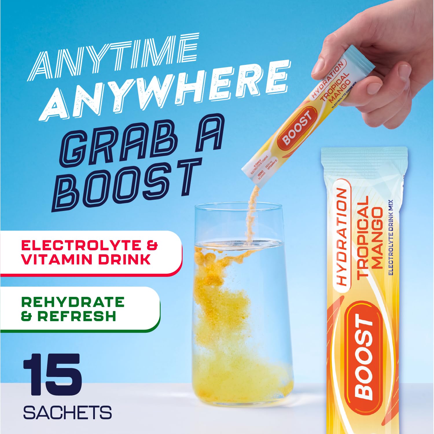 Boost Hydration Electrolytes Powder - Tropical Mango Flavour | 15x Single Serve Sachets