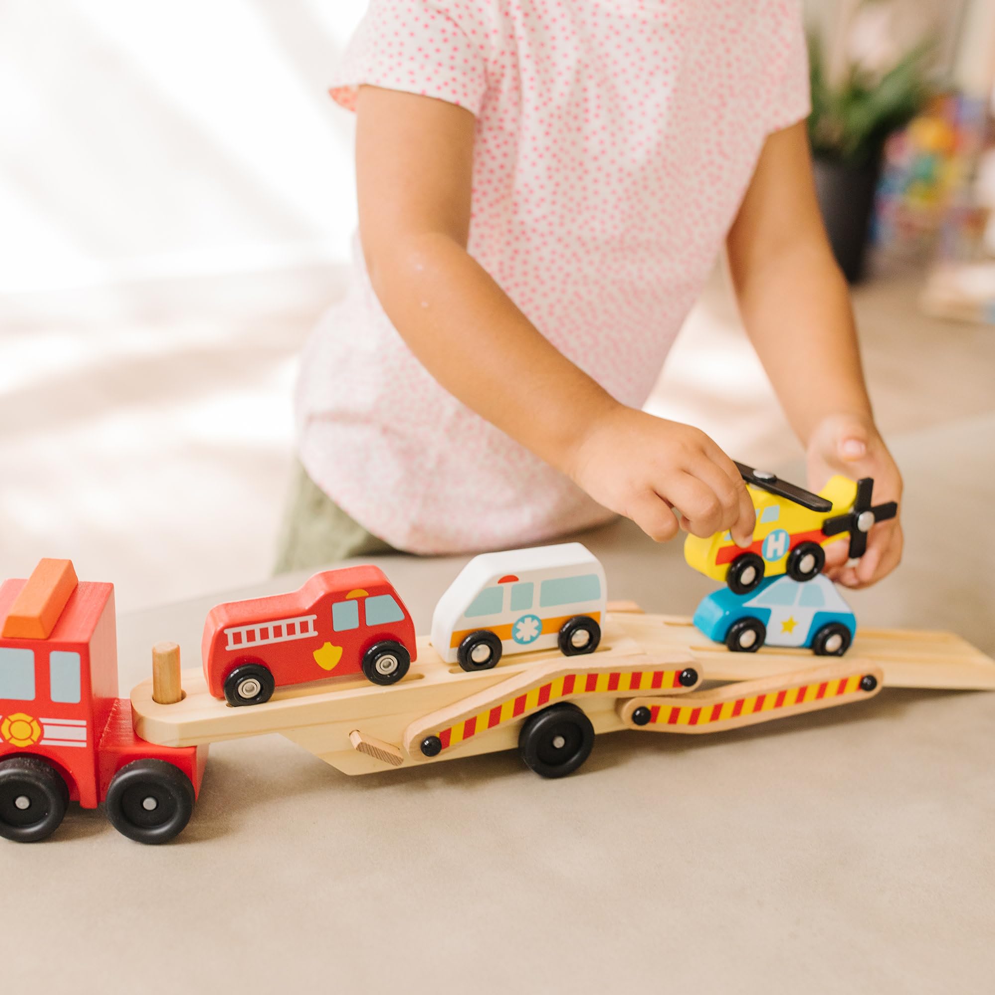 Melissa & Doug Wooden Emergency Vehicle Carrier Toy with 4 Magnetic Vehicles | Ages 3+
