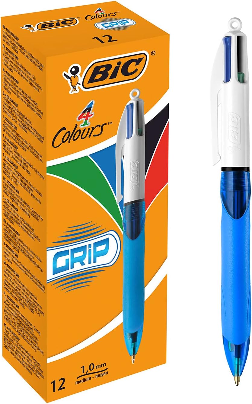 BIC 4 Colours Grip Retractable Ballpoint Pens - Box of 12- Medium Point (1.0 mm) - Extra-Comfort Grip - Translucent Blue Barrel 1
