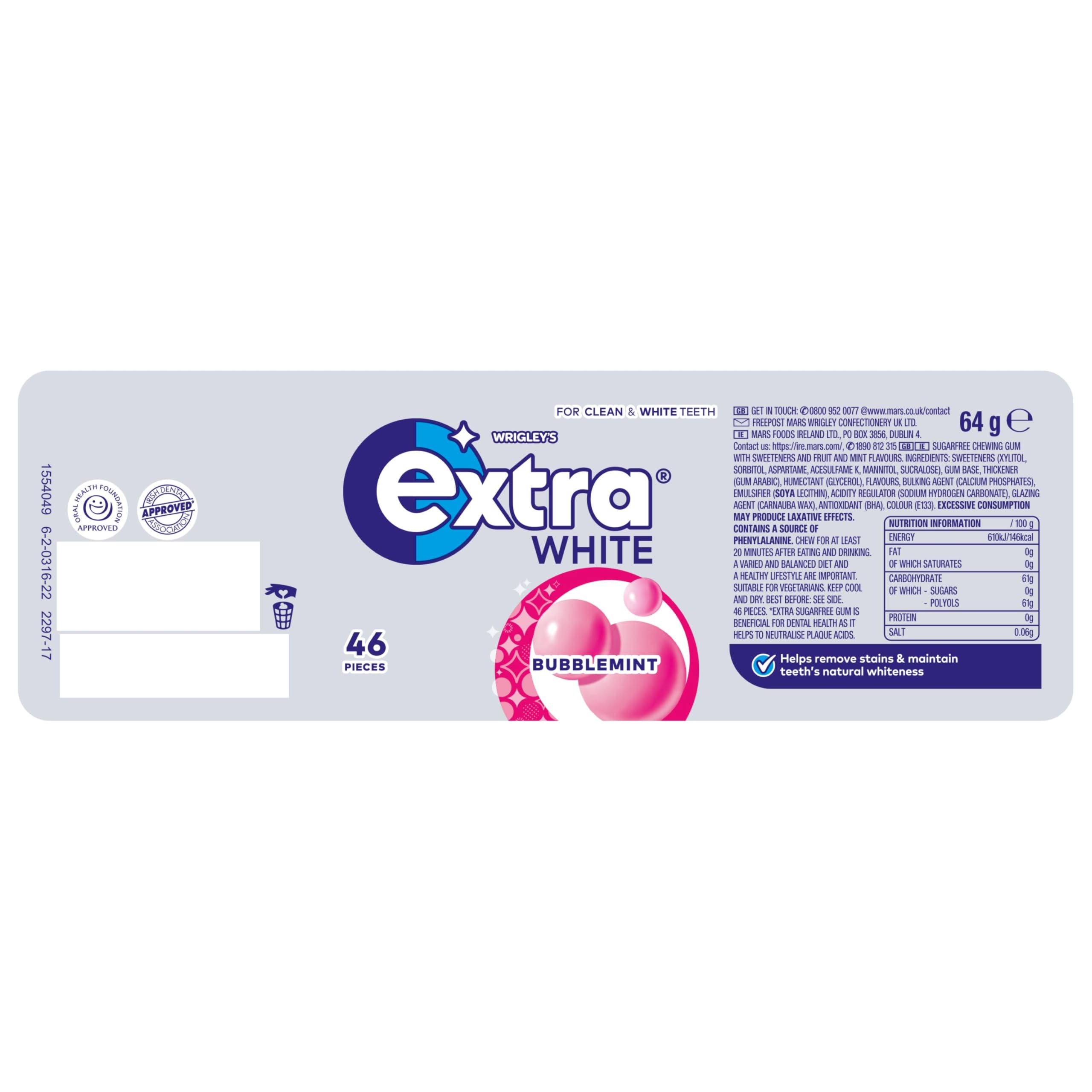 Extra - White Bubblemint Chewing Gum (46 Pieces, Sugar Free with Xylitol) 5