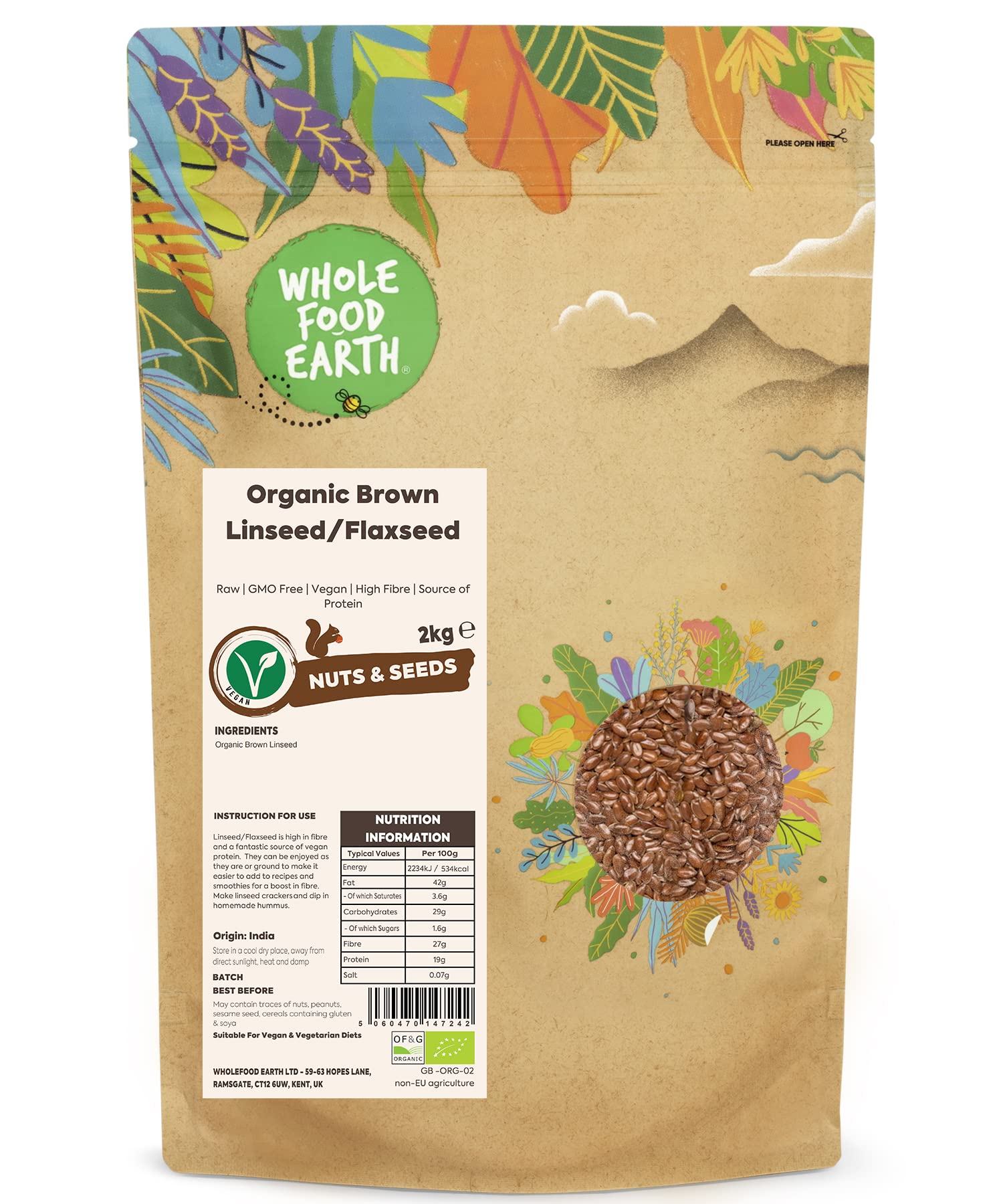 Wholefood Earth Organic Brown Linseed/Flaxseed - Raw, High Fibre | 2 kg 1