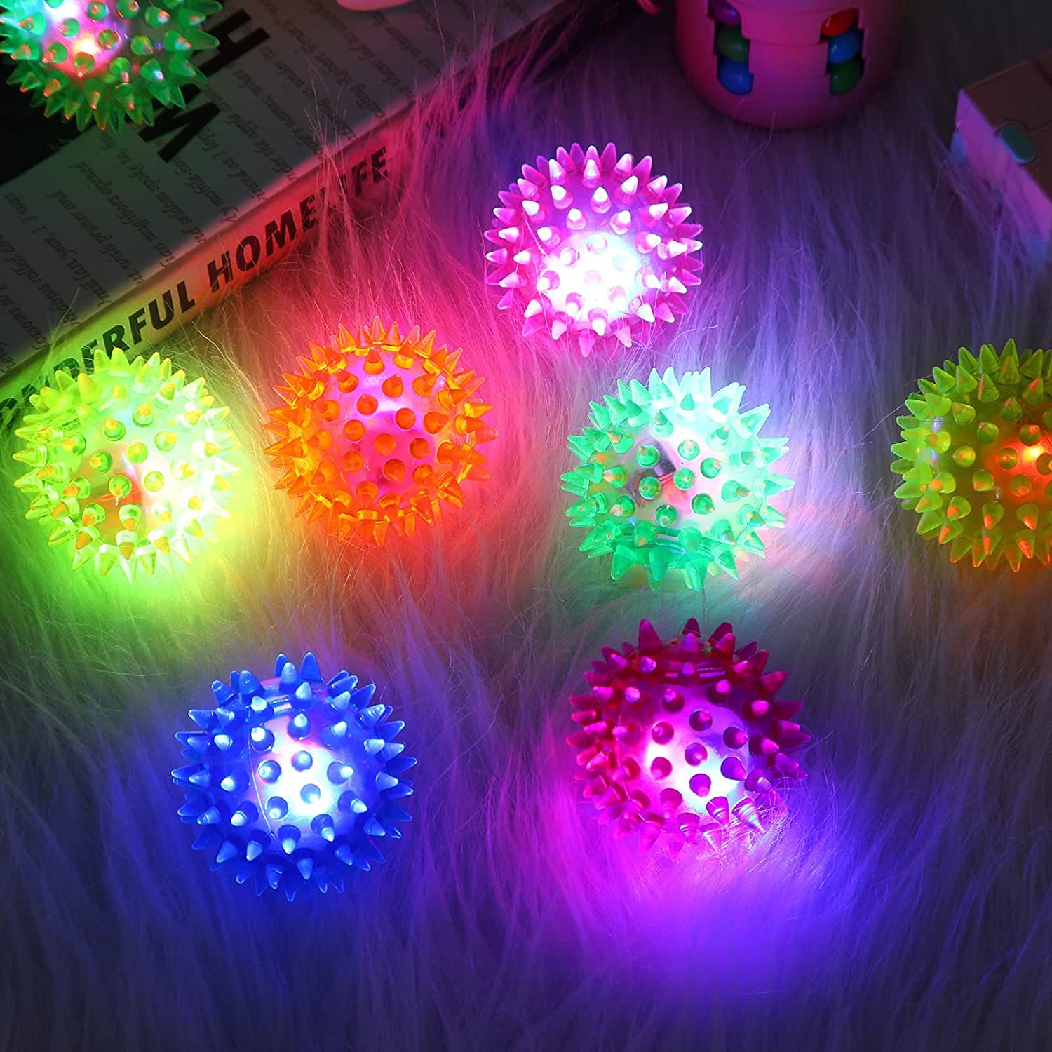 6 Pack 6.5cm Spiky LED Flashing Bouncy Squishy Stress Relief Balls - Assorted Colors 6
