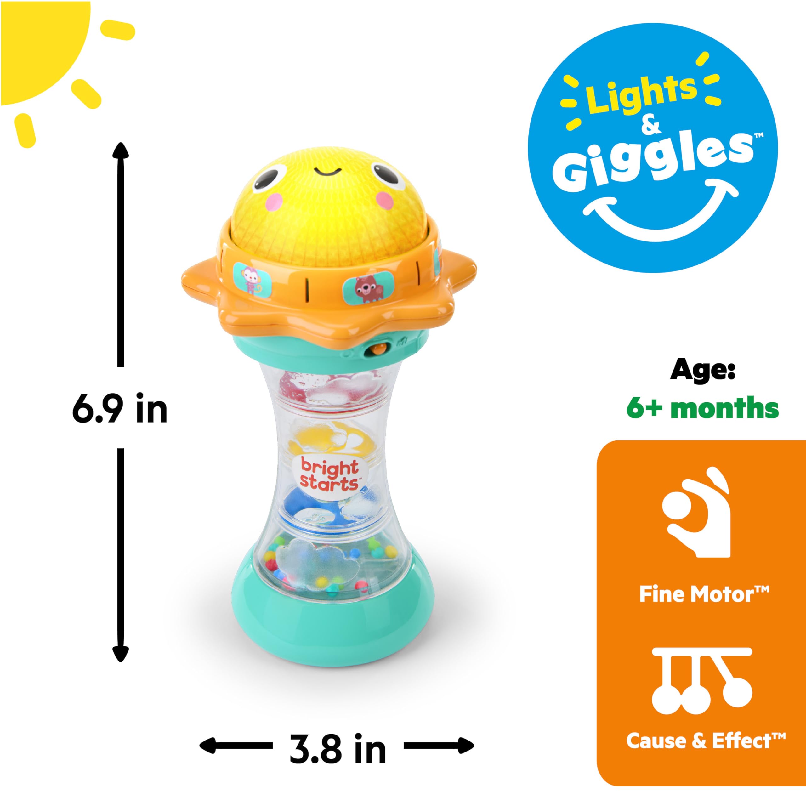 Bright Starts Just for Sun Flashlight Toy - Lights, Animal Sounds & Rattle Beads for Babies 6M+