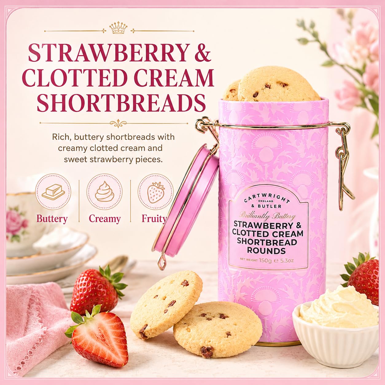 Cartwright & Butler Strawberry & Clotted Cream Shortbread Tin - 150g 2