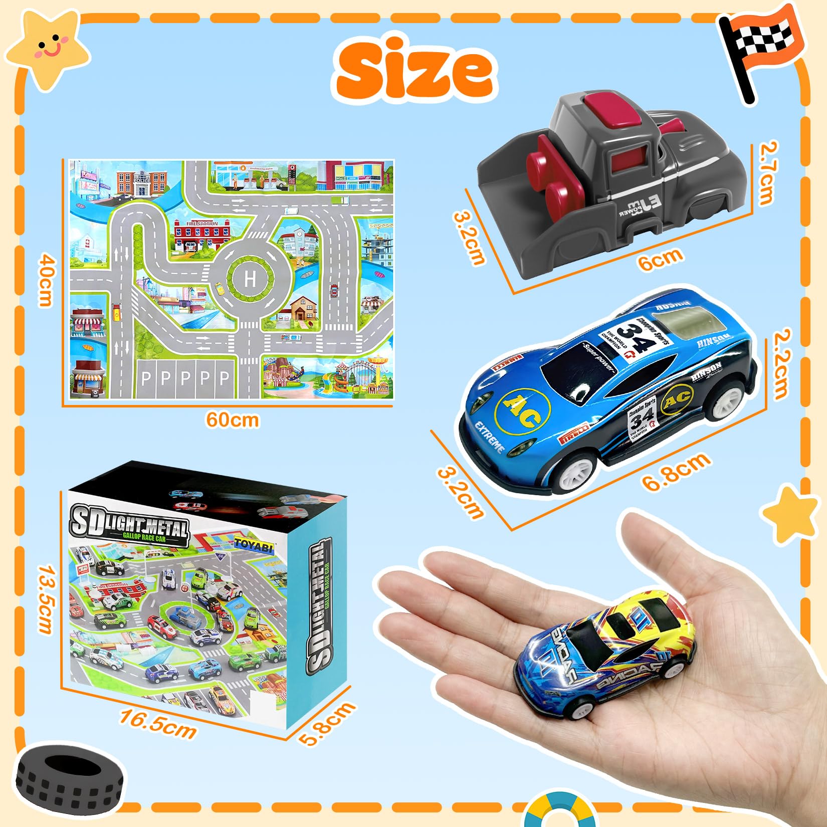 TOYABI 10Pcs Pull Back Toy Cars Racing Set with Mat & 2 Launchers | Metal Shell | Ages 3+ 5