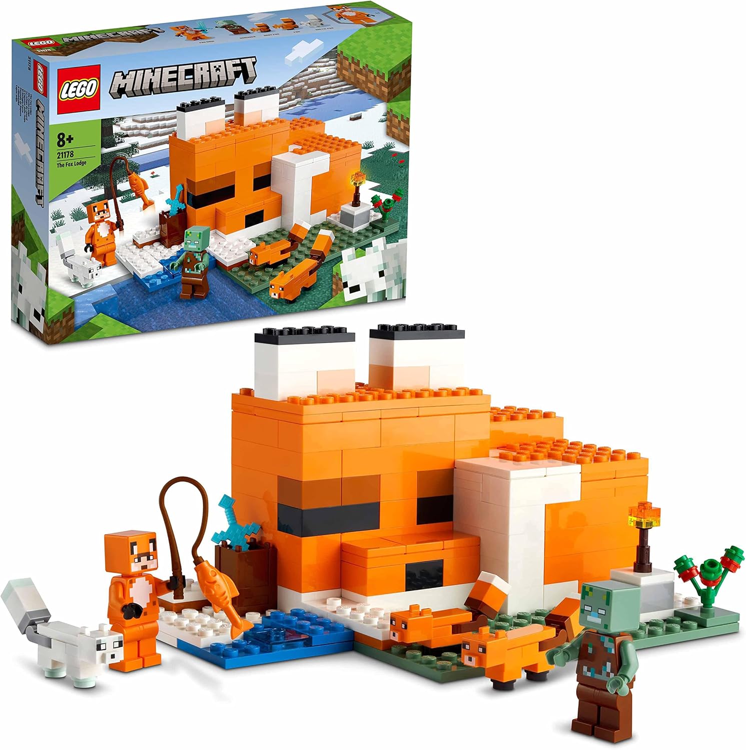 LEGO 21178 Minecraft The Fox Lodge Building Set - Fox-Shaped House with Drowned Zombie & Fox Figures for Kids 8+