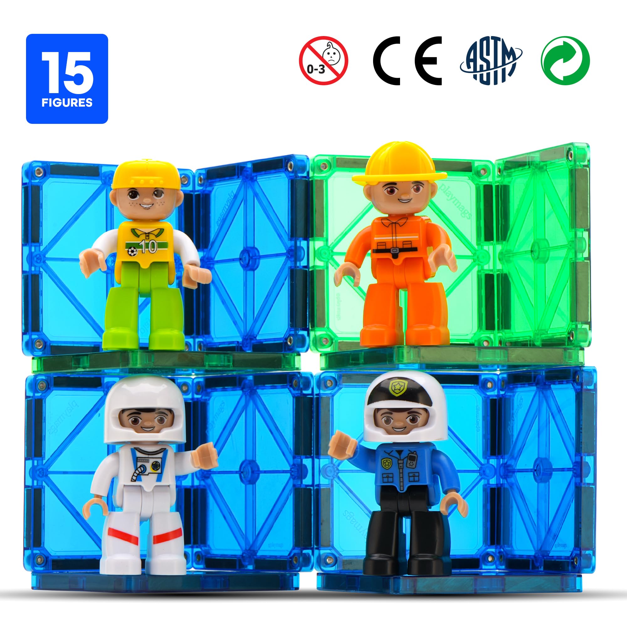 Playmags Large Magnetic Figures Community Set of 15 Pieces - 3 Inch Magnetic People for Kids 3