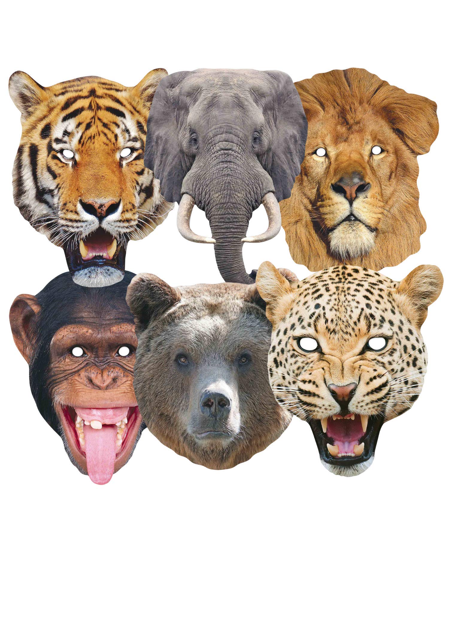 STAR CUTOUTS Animal Cardboard Face Mask Pack - Lion, Tiger, Bear, Chimpanzee, Elephant, Leopard | Pack of Six