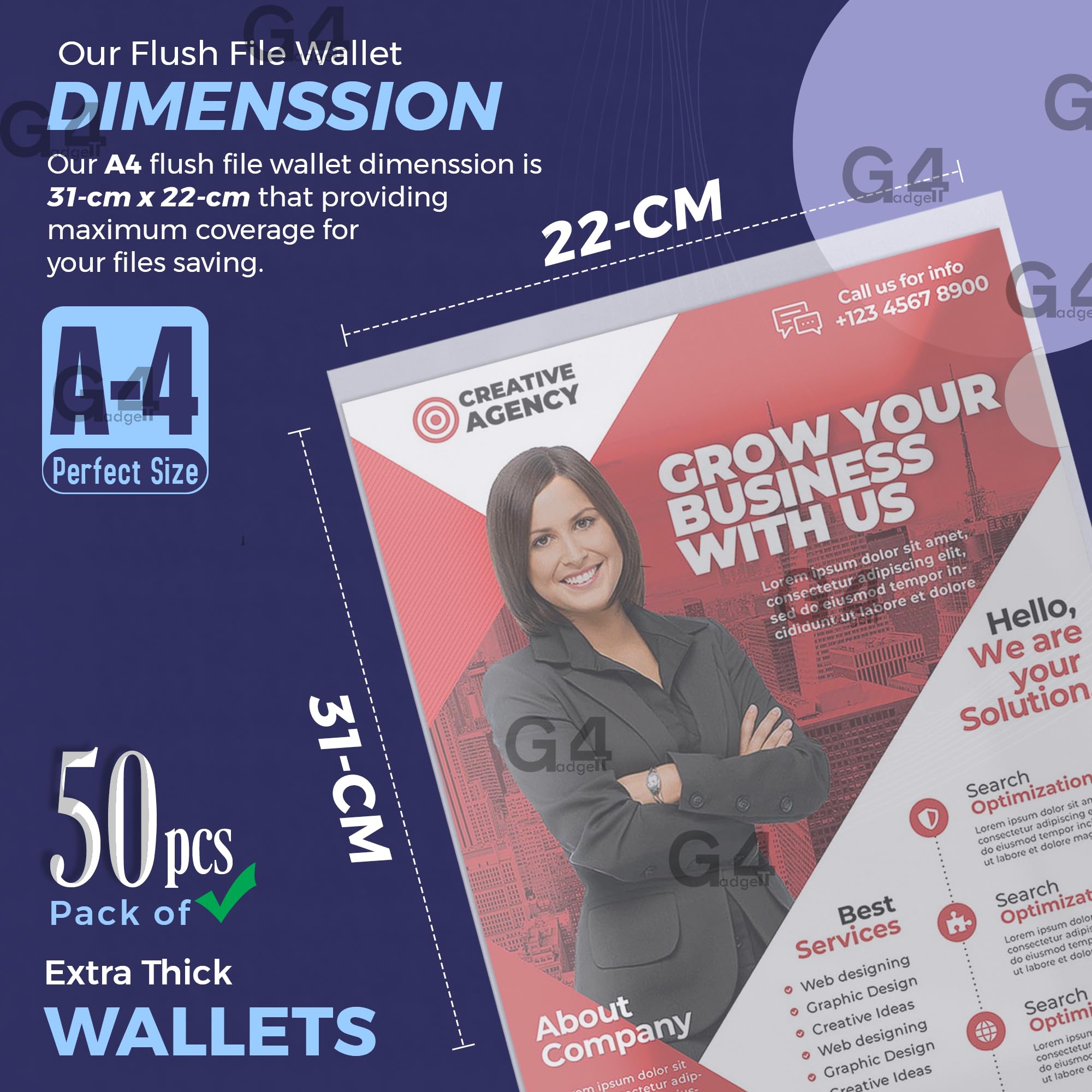 G4GADGET Pack of 50 A4 Clear Plastic Flush File Folders | Open Top & Side Cut | 100 Micron PP