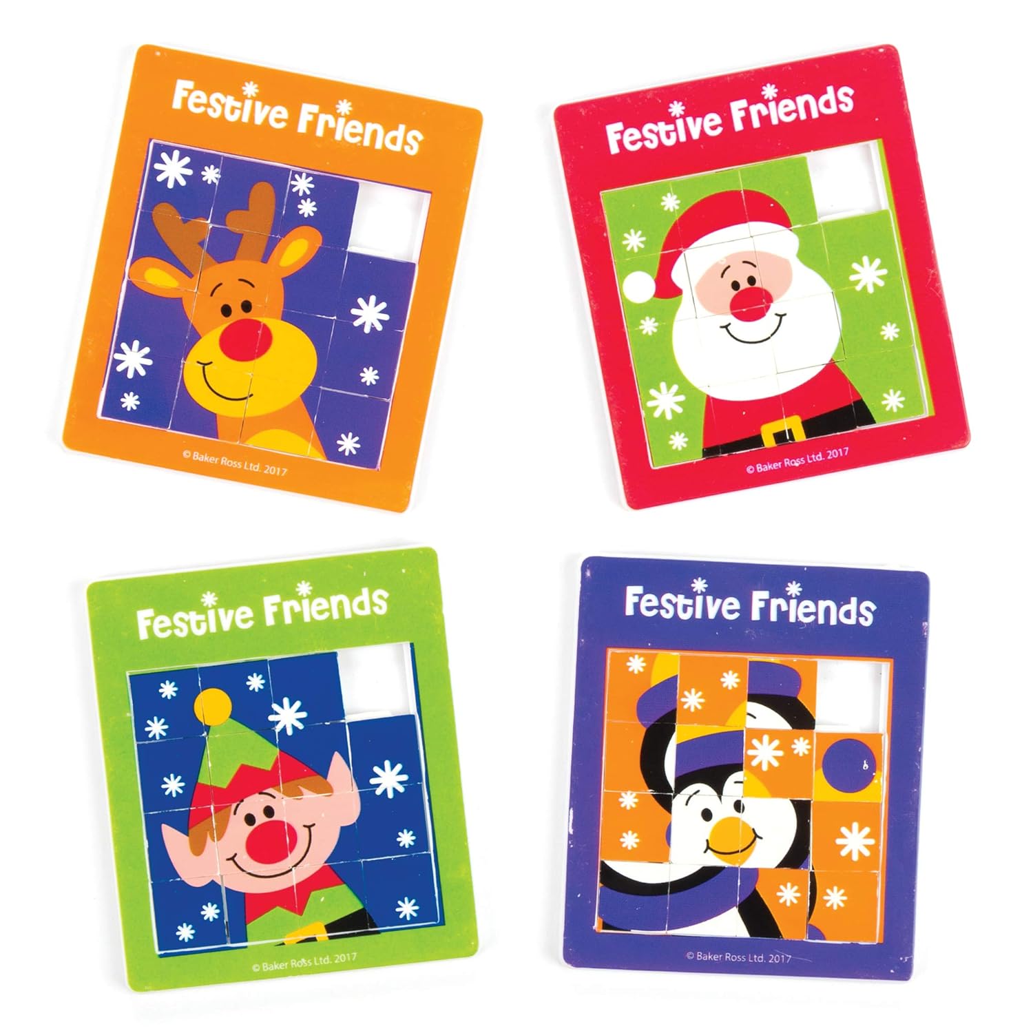 Baker Ross Elf Festive Friends Mini Sliding Puzzle Games - Pack of 5 Christmas Novelty Toys for Kids