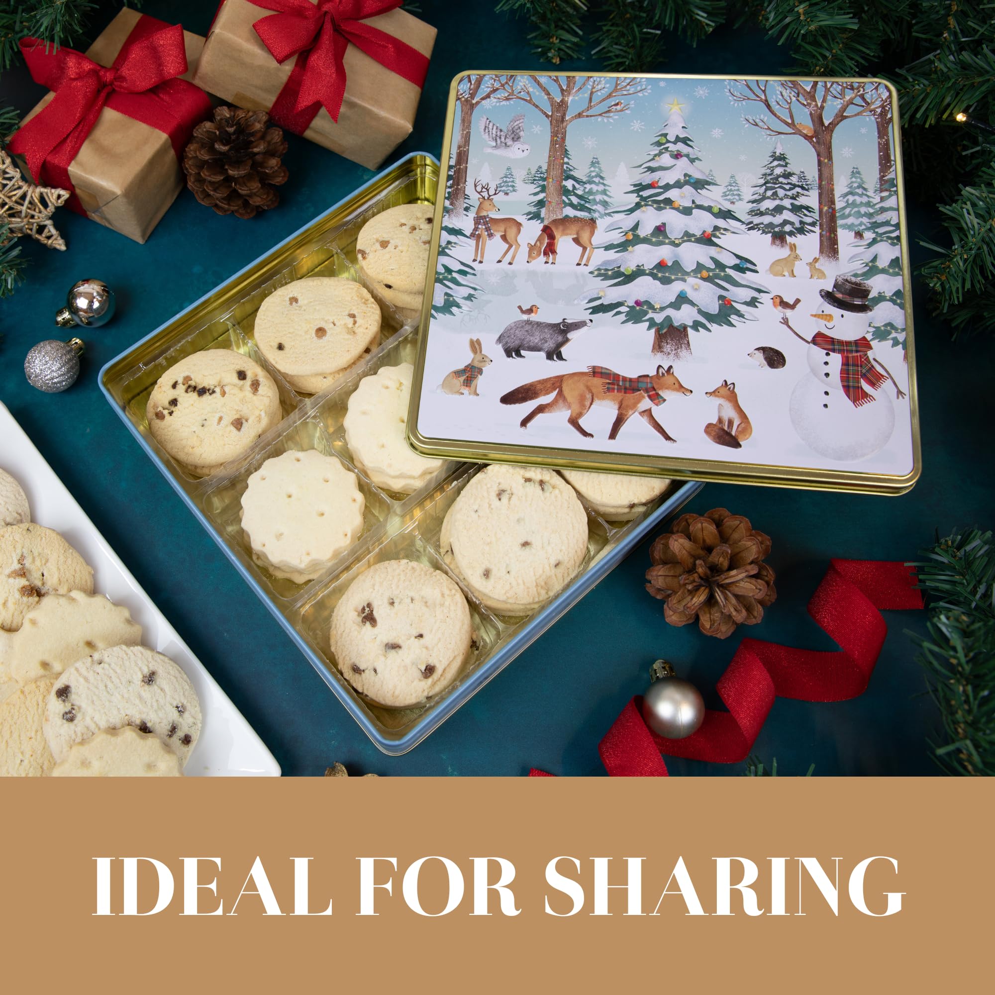 The Silver Crane co. Festive Forest Square Christmas Biscuits Tin with 3 Scottish Shortbread Flavors 6