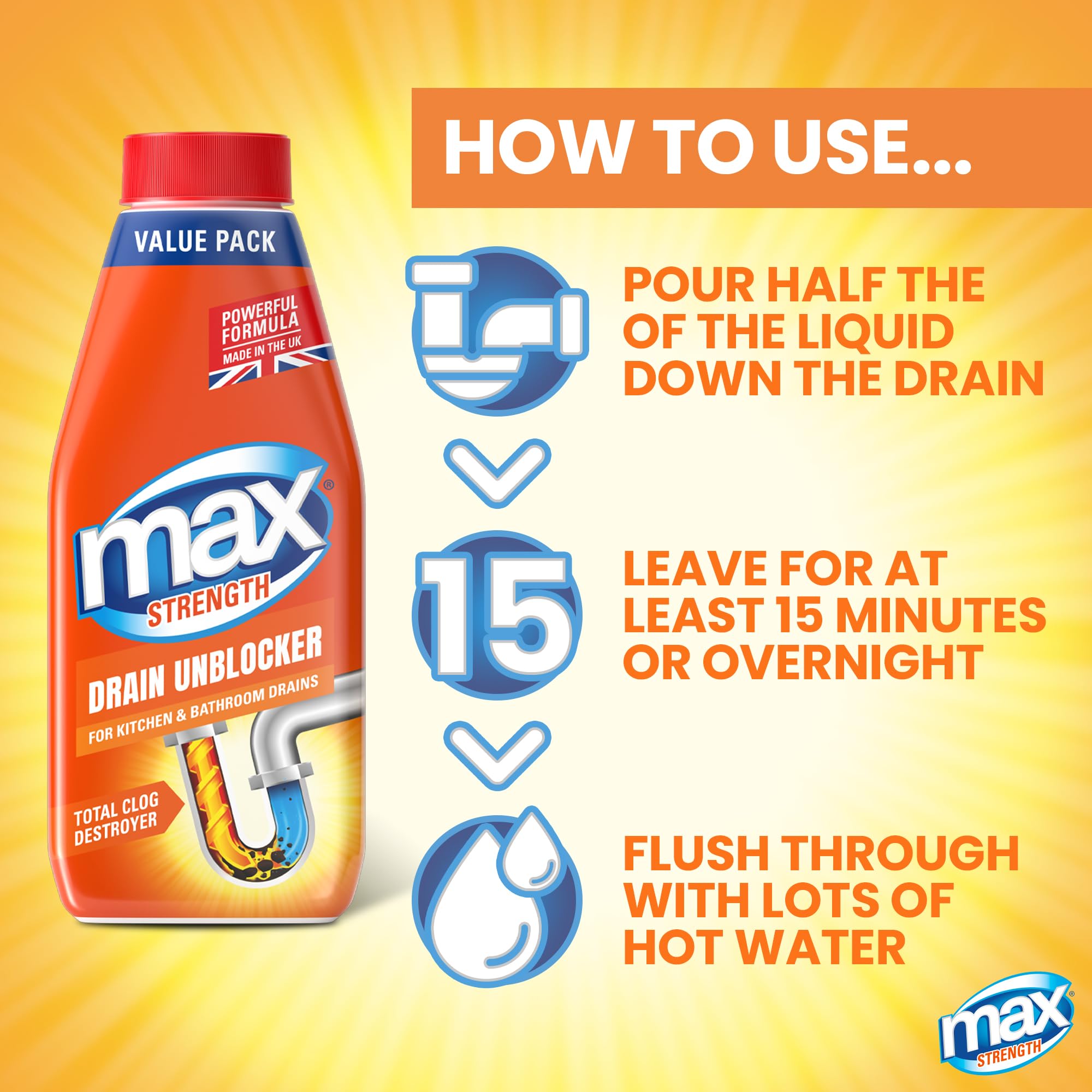 Max - Strength Drain Unblocker 1L Heavy Duty Liquid for Sink, Toilet & Shower 5
