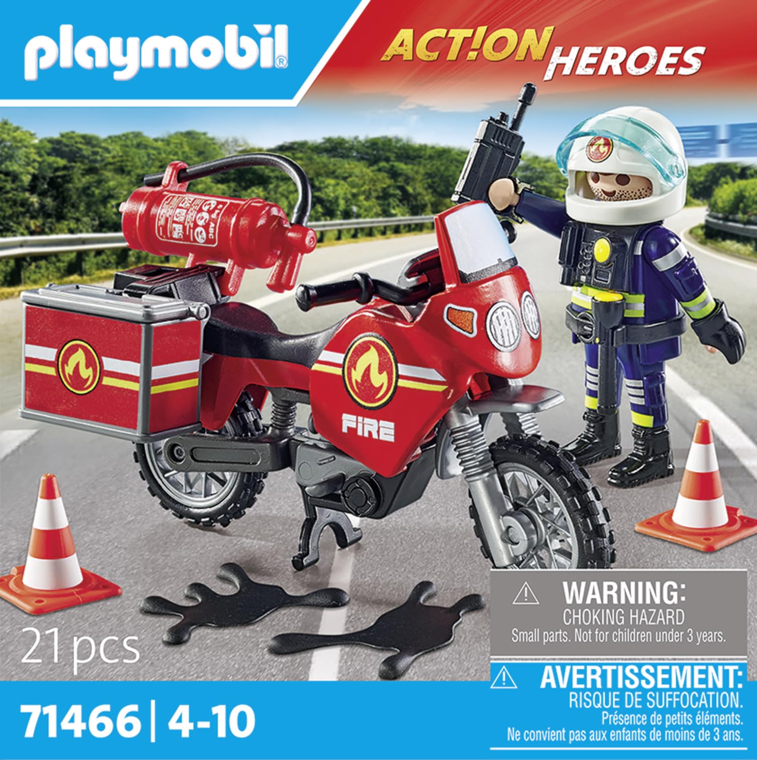 Playmobil 71466 Action Heroes: Motorcycle & Oil Spill Incident Playset - Firefighter Rescue Vehicle with Realistic Role-Play Accessories for Kids 4+ 6