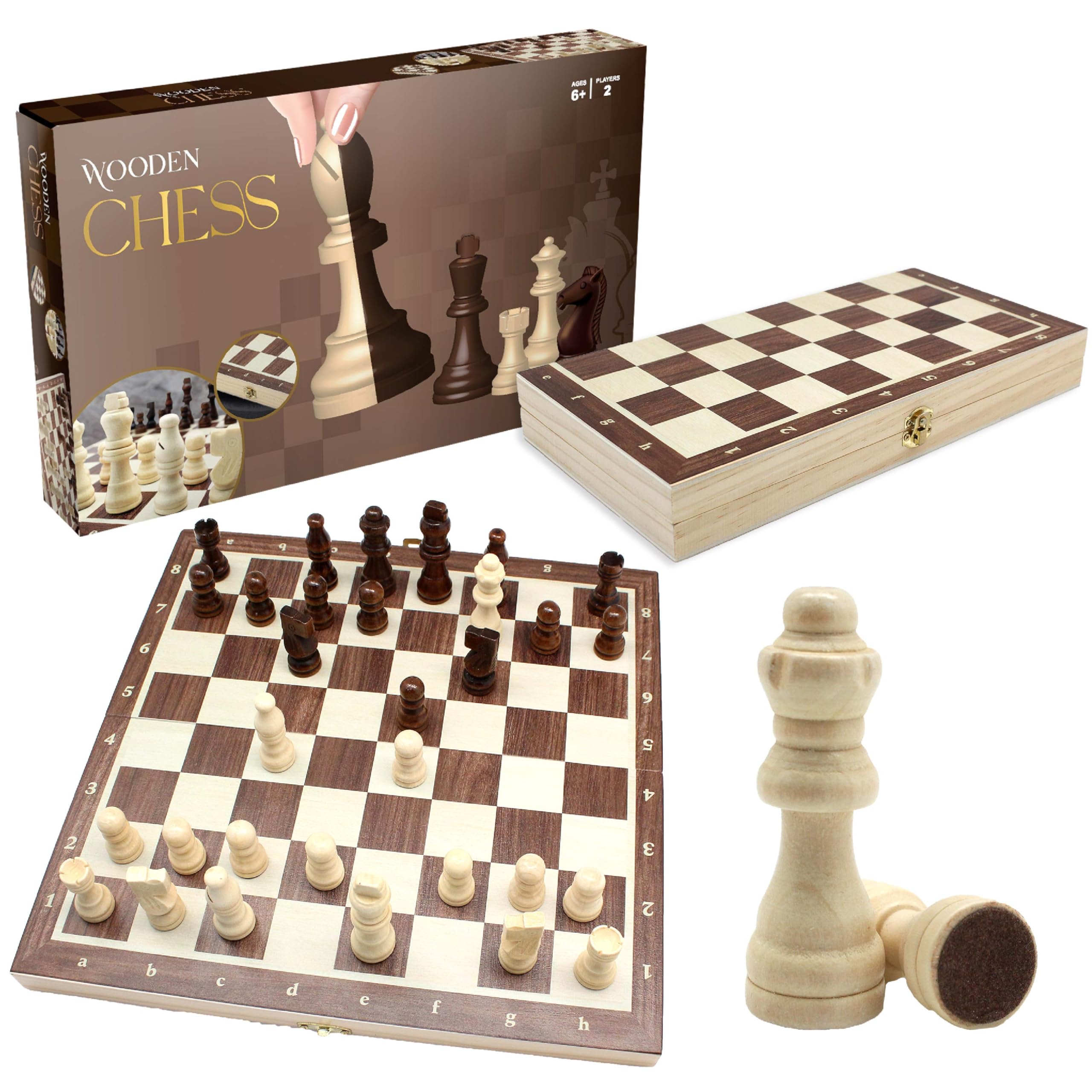 Roo Games Wooden Chess Set - Foldable Eco-Pine Travel Chess Board with Storage