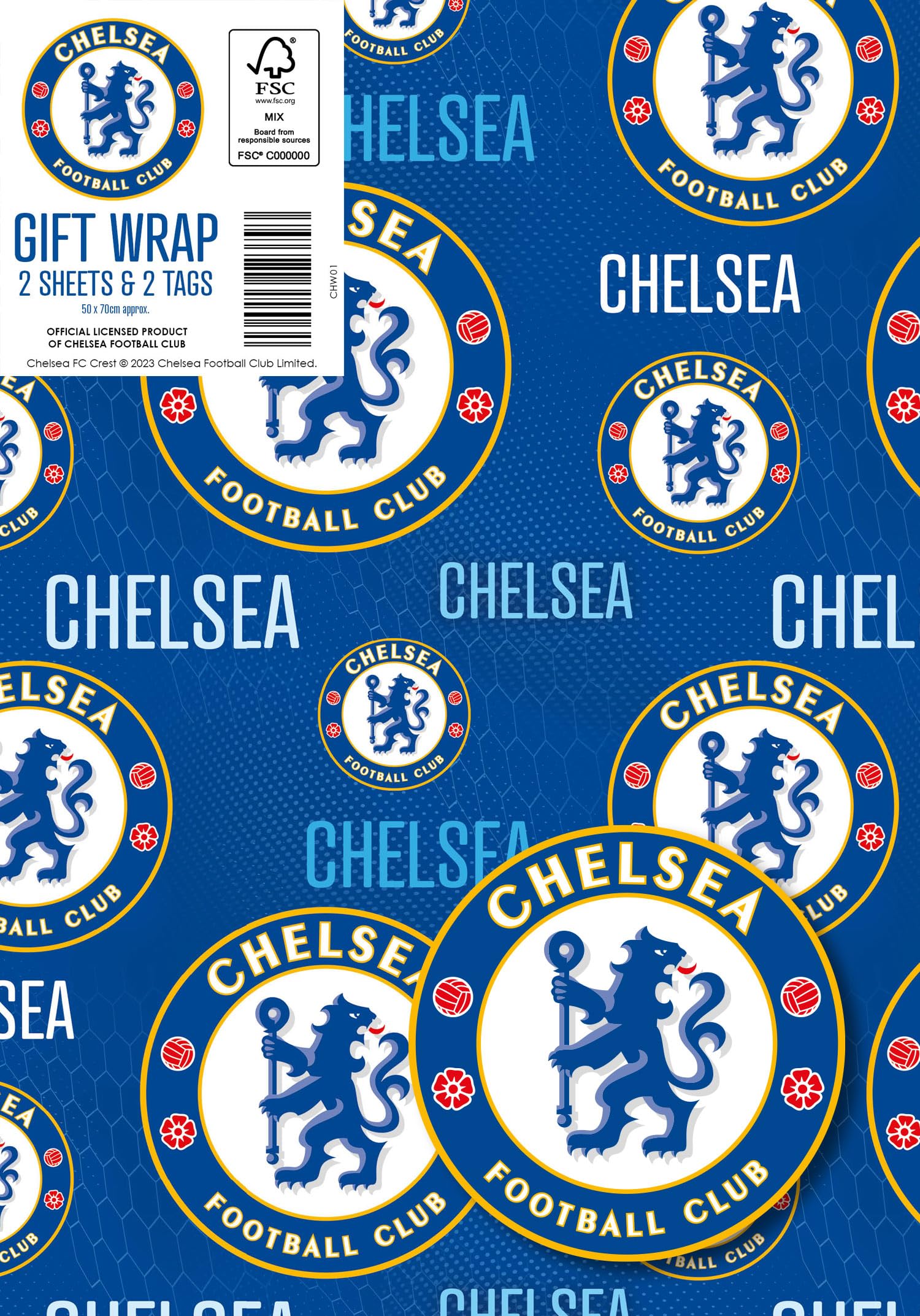 Danilo Promotions LTD Chelsea FC Gift Wrapping Paper - 2 Sheets & 2 Tags | 70cm x 50cm
