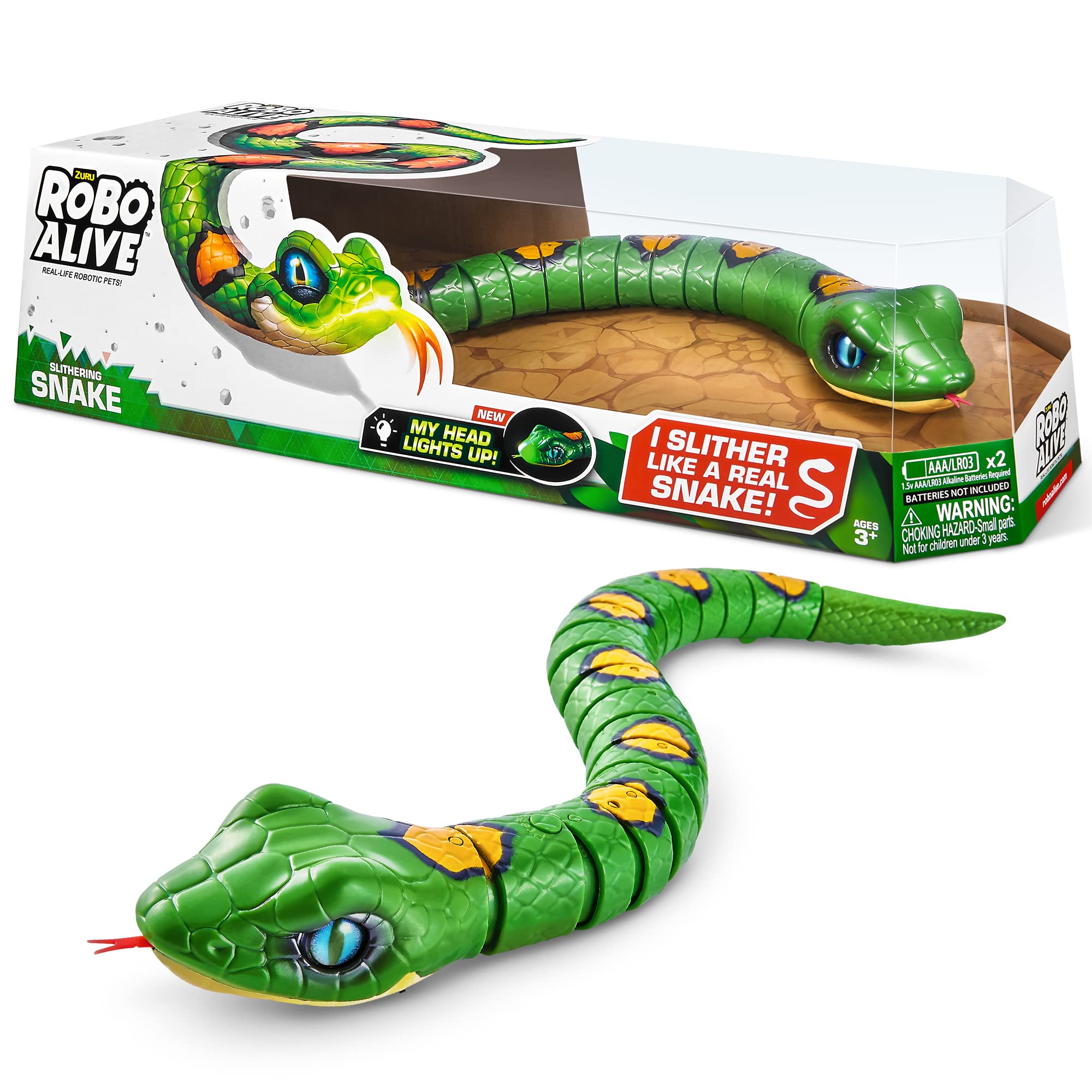 Robo Alive Snake Series 3 - Realistic Robotic Toy Pet with Light-Up Mouth & Slithering Movement (Green)