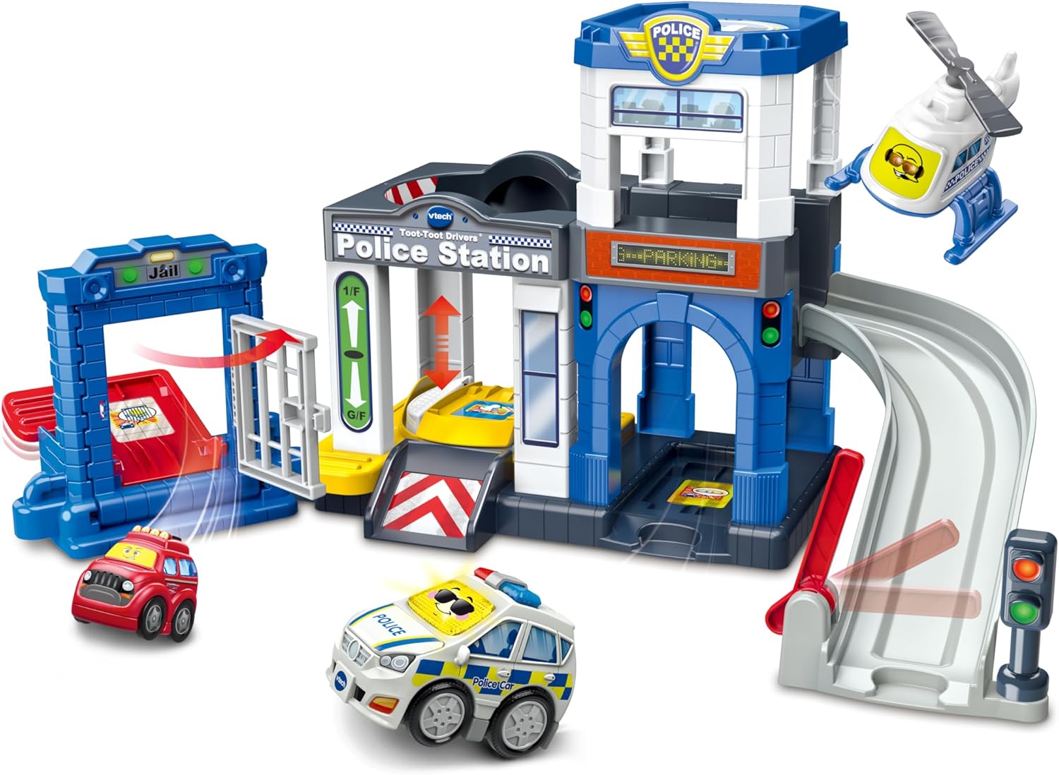 VTech Toot-Toot Drivers Police Station Playset - Interactive Vehicle Playset with Police Car, Helicopter & Jailbreak Features
