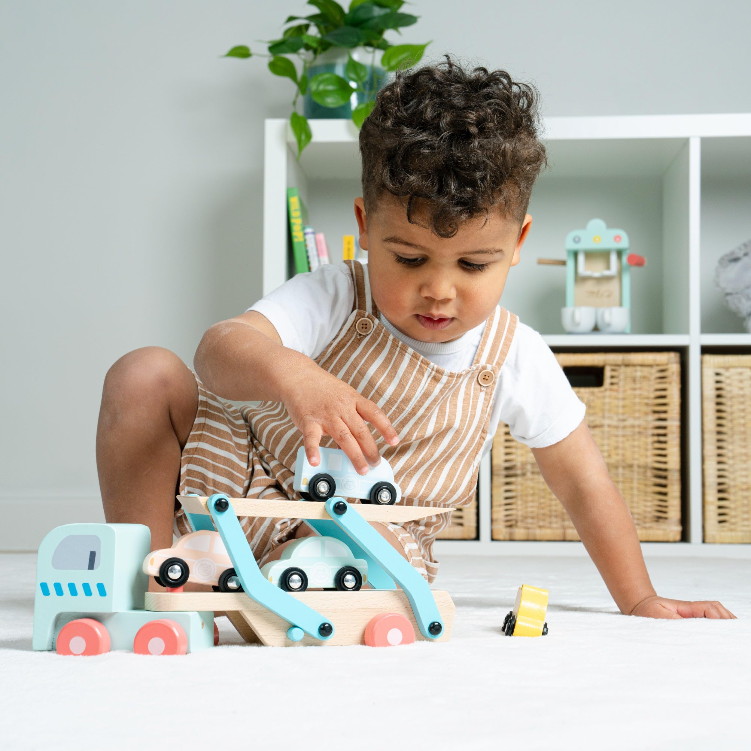 Owl & Fox Wooden Toy Car Transporter with Lorry, Trailer, and 4 Cars 3