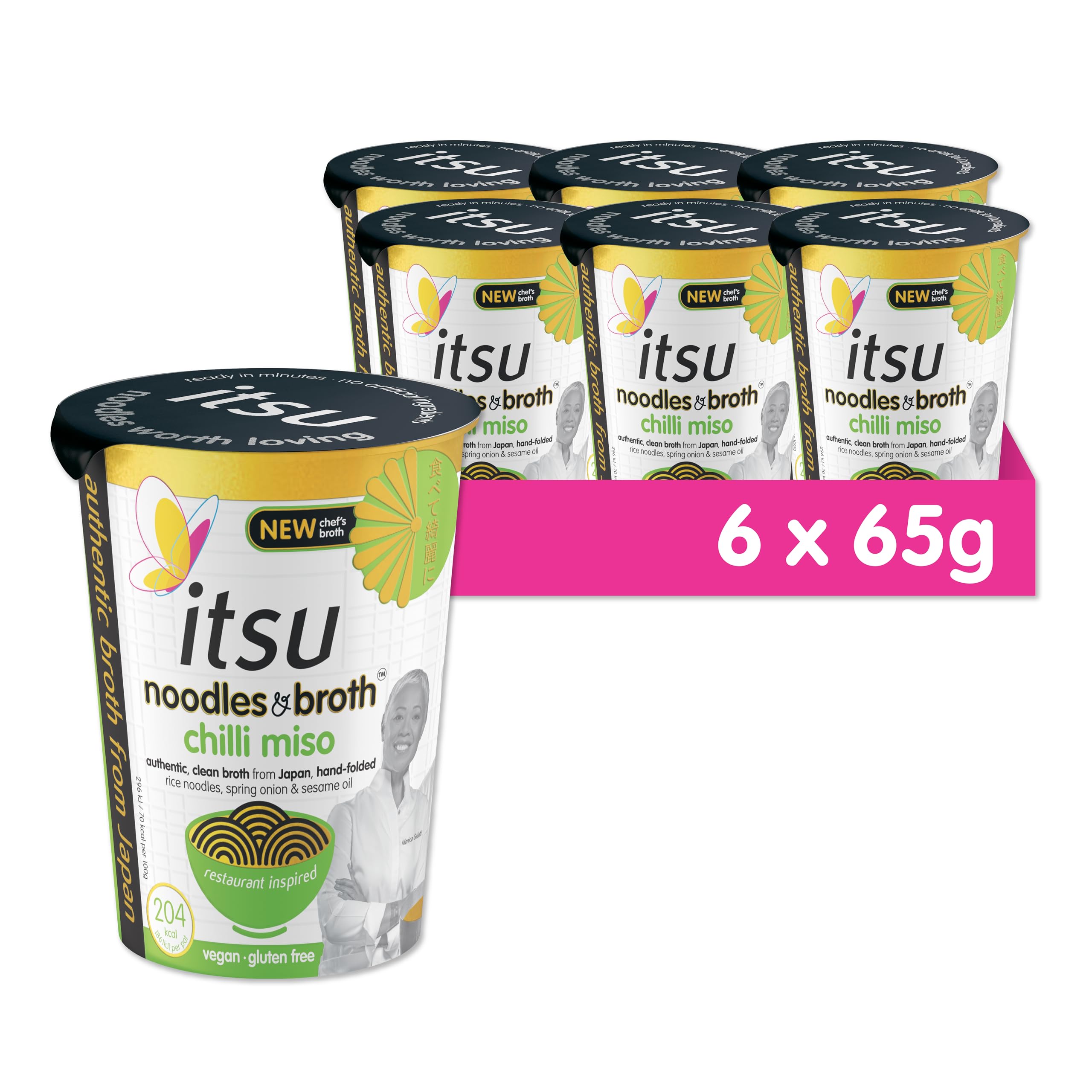 Itsu Chilli Miso Instant Noodles & Broth Pot 65g - Pack of 6 | Gluten Free | Vegan | Low Fat | 204 Calories | Hand-Folded Rice Noodles 10