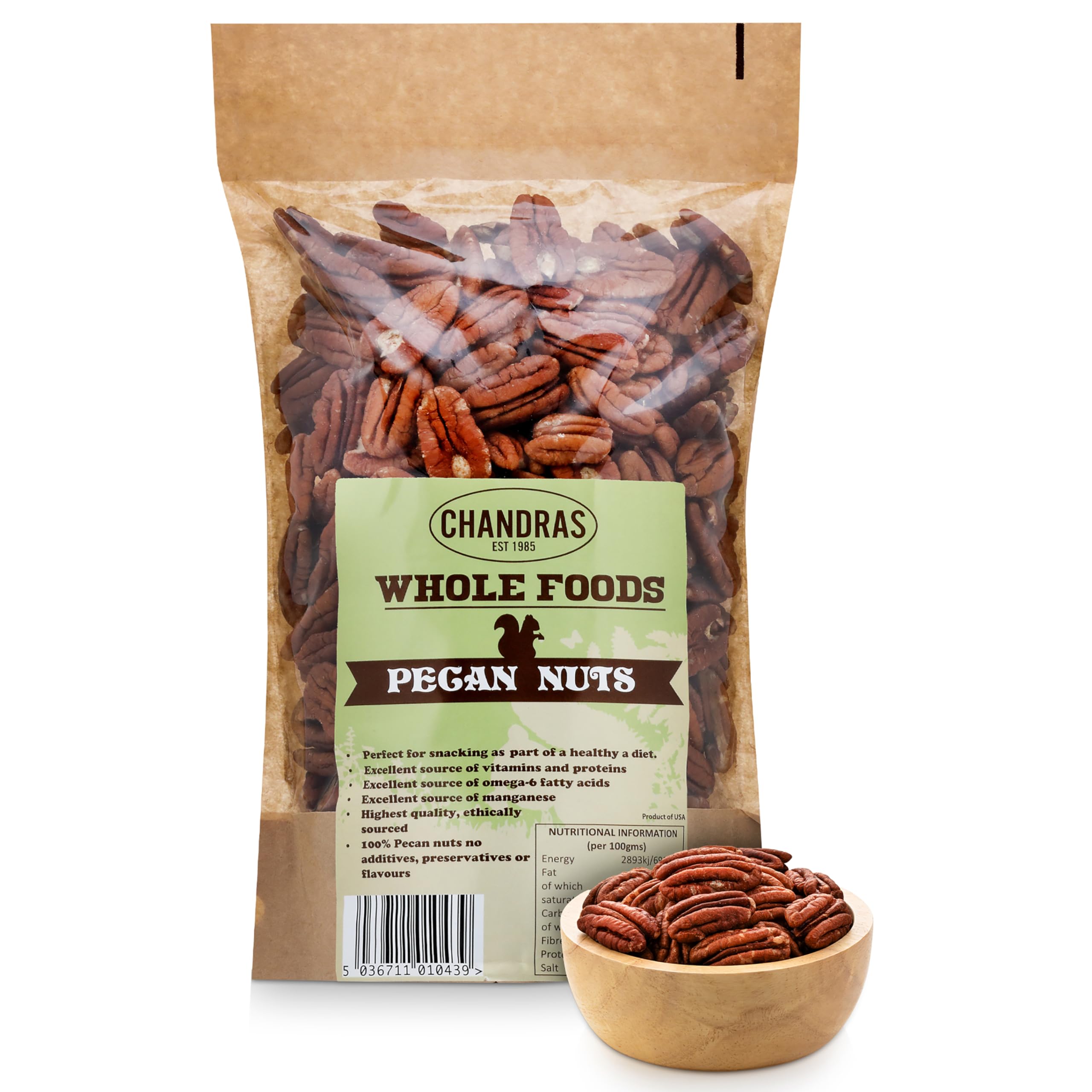 Chandra Whole Foods - Pecan Nuts 1KG - Raw, Gluten-Free, Vegan-Friendly Nuts for Snacking & Baking