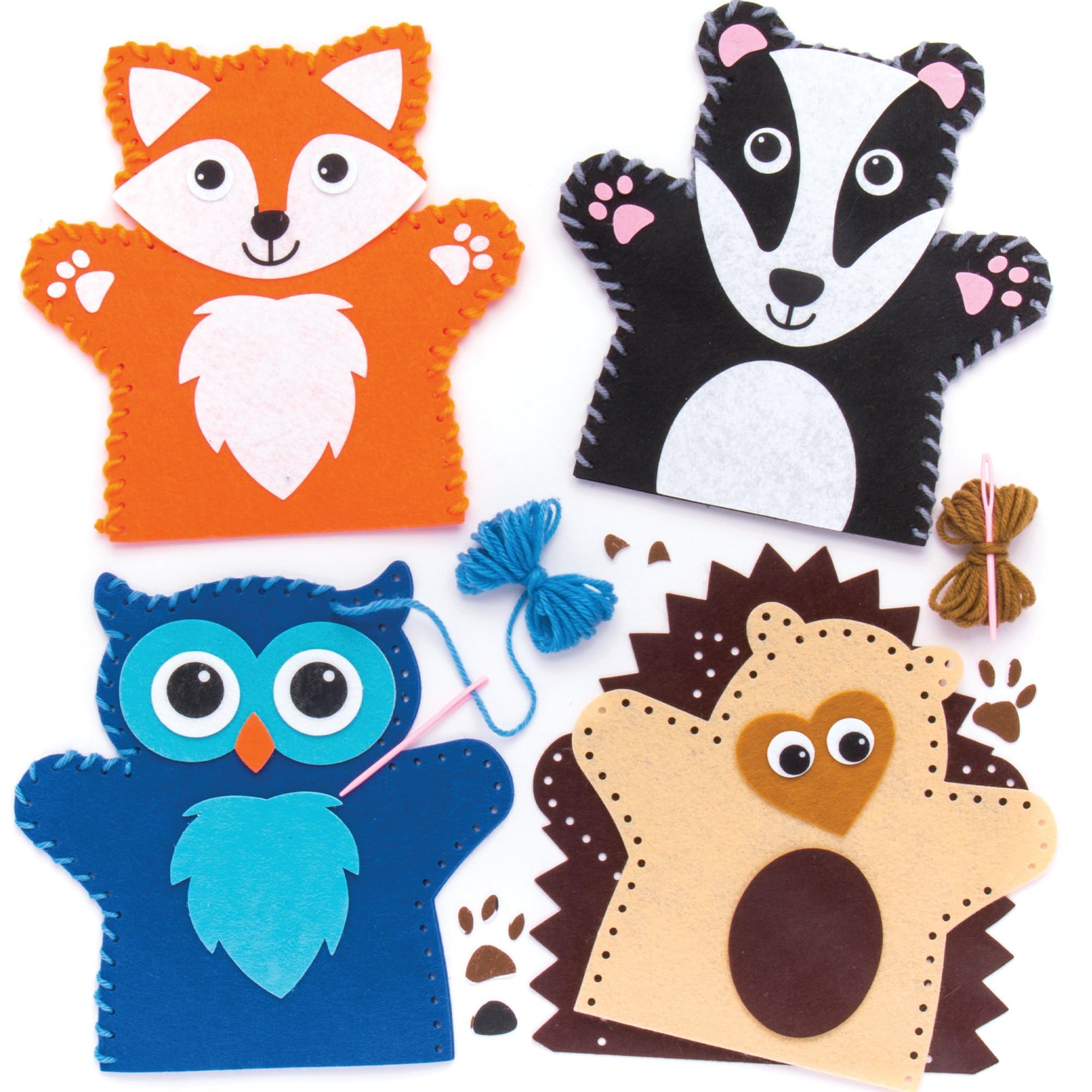 Baker Ross Woodland Animal Hand Puppet Sewing Kits - Pack of 4 for Kids Arts and Crafts