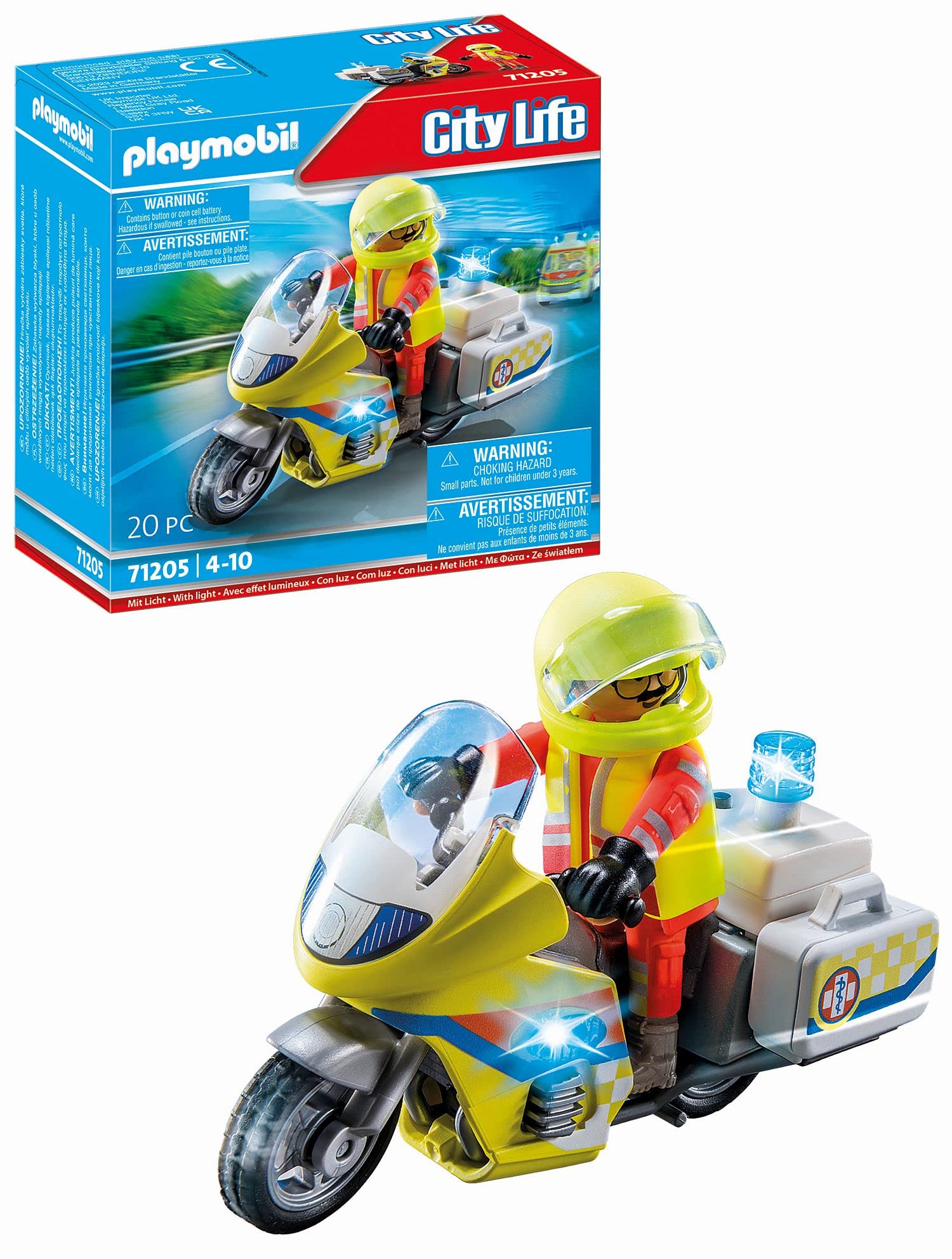 Playmobil 71205 Rescue Emergency Motorcycle with Flashing Lights - Action Figure Playset for Kids 4+