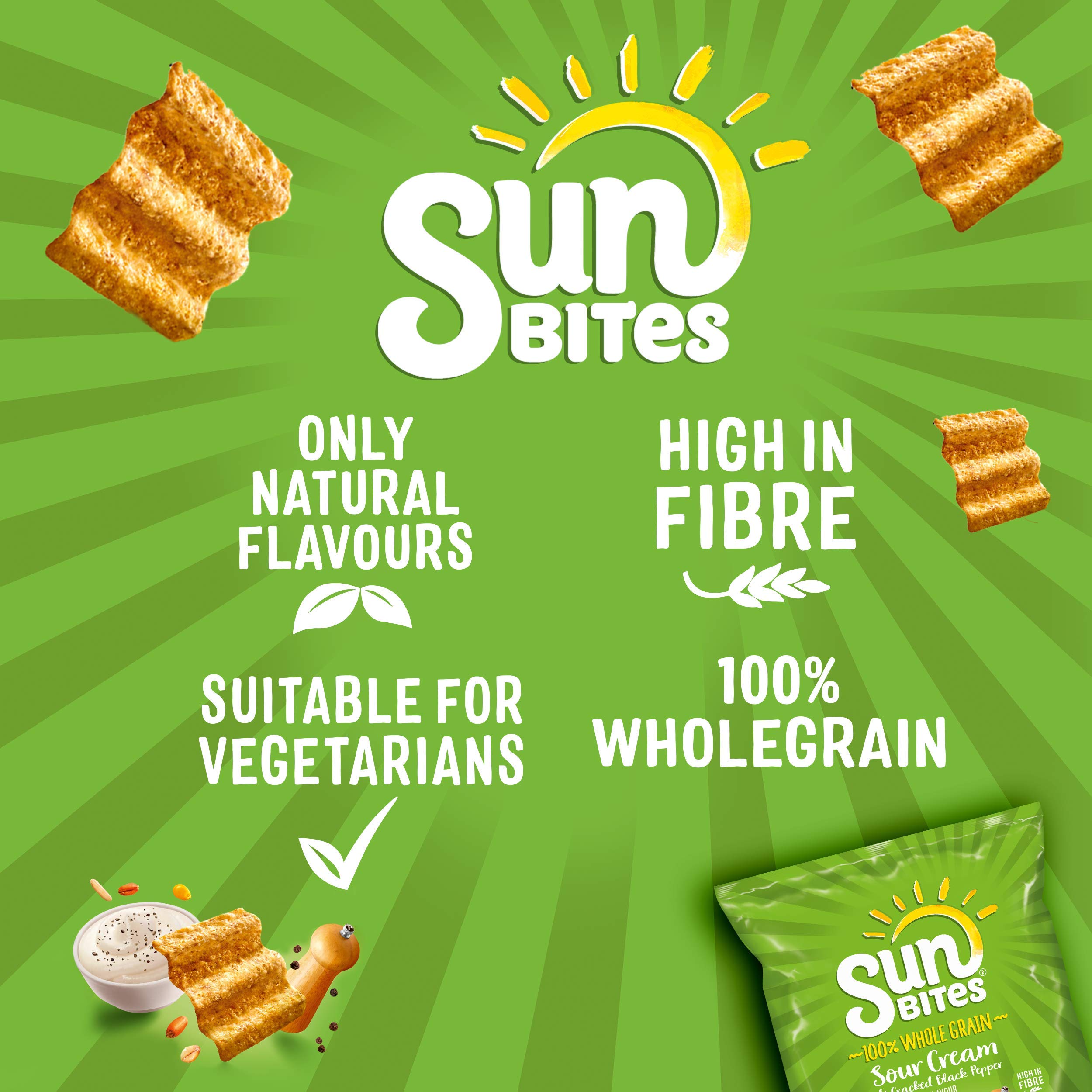 Sunbites Sour Cream & Cracked Black Pepper Wholegrain Snacks, 6x25g Multipack